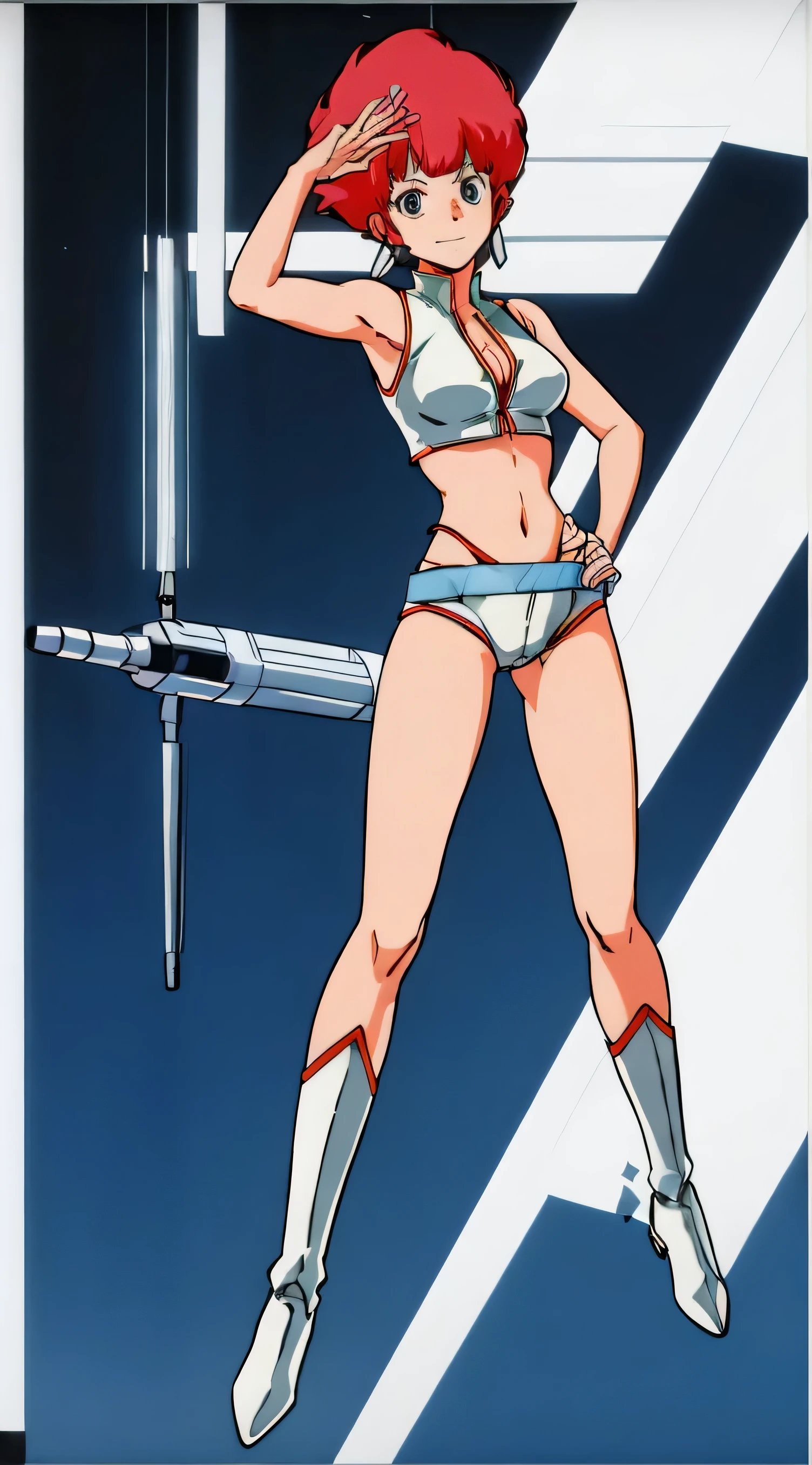 masutepiece,High quality,Ultra high definition,Solo,Outdoors, Looking at Viewer,Smile, koukou,1girl in, Perm Hair, This is permed bangs., Bangs have a lot of volume, All bangs are on the left side, short hair on the back of the head, Super short back hair, Red hair, Wear it close to your forehead, White Hair Band, earrings,Blue eyes, Silver Crop Top,cleavage cutout,Sleeveless,Midriff,silver crop bottoms, high-leg underpants, Silver boots that reach below the knee, Equipped with a silver gun holder on the right hip.., doing an action pose,