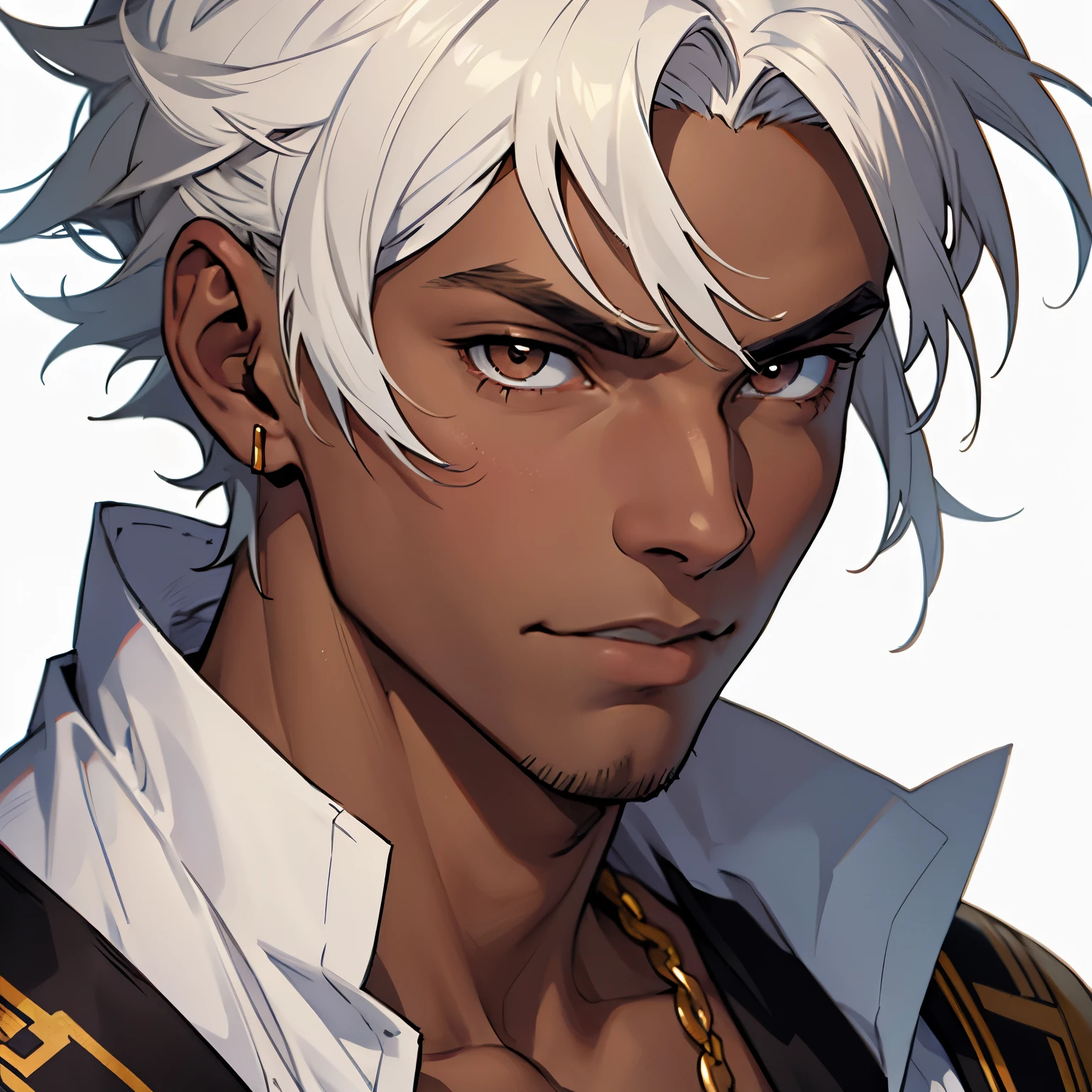 anime image of a muscular dark-skinned young guy with white hair and dark brown eyes, short spiky hair, one gold earing, 1man, solo man, male anime character, confident expression, head shot, close up shot, white background, gold hindu clothing