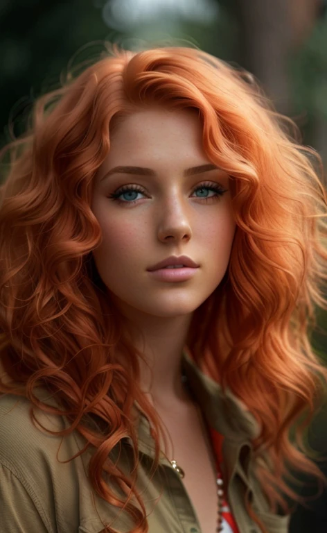 Tir 8 K, photo of a beau woman, fille rousse, beau,  corps entier, cheveux roux, long curly hair