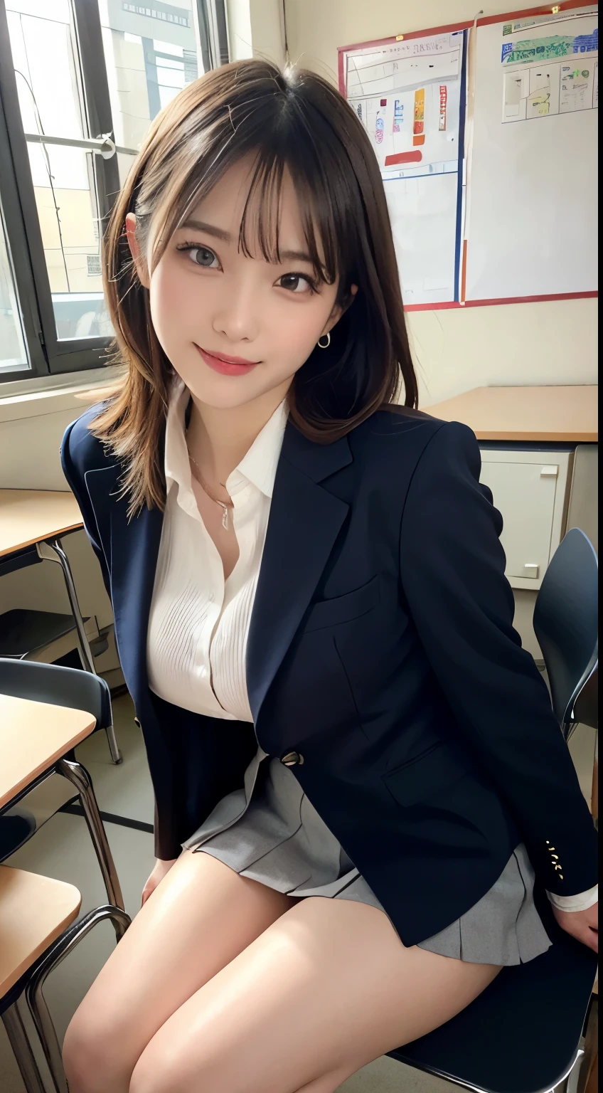 masutepiece, Best Quality, Illustration, Ultra-detailed, finely detail, hight resolution, 8K Wallpaper, Perfect dynamic composition, Beautiful detailed eyes, ,Medium Hair, Big breasts, Natural Color Lip, Random and sexy poses,Smile、20 years girl、　After-school classroom、　high school giller suit、a miniskirt、Loose socks、