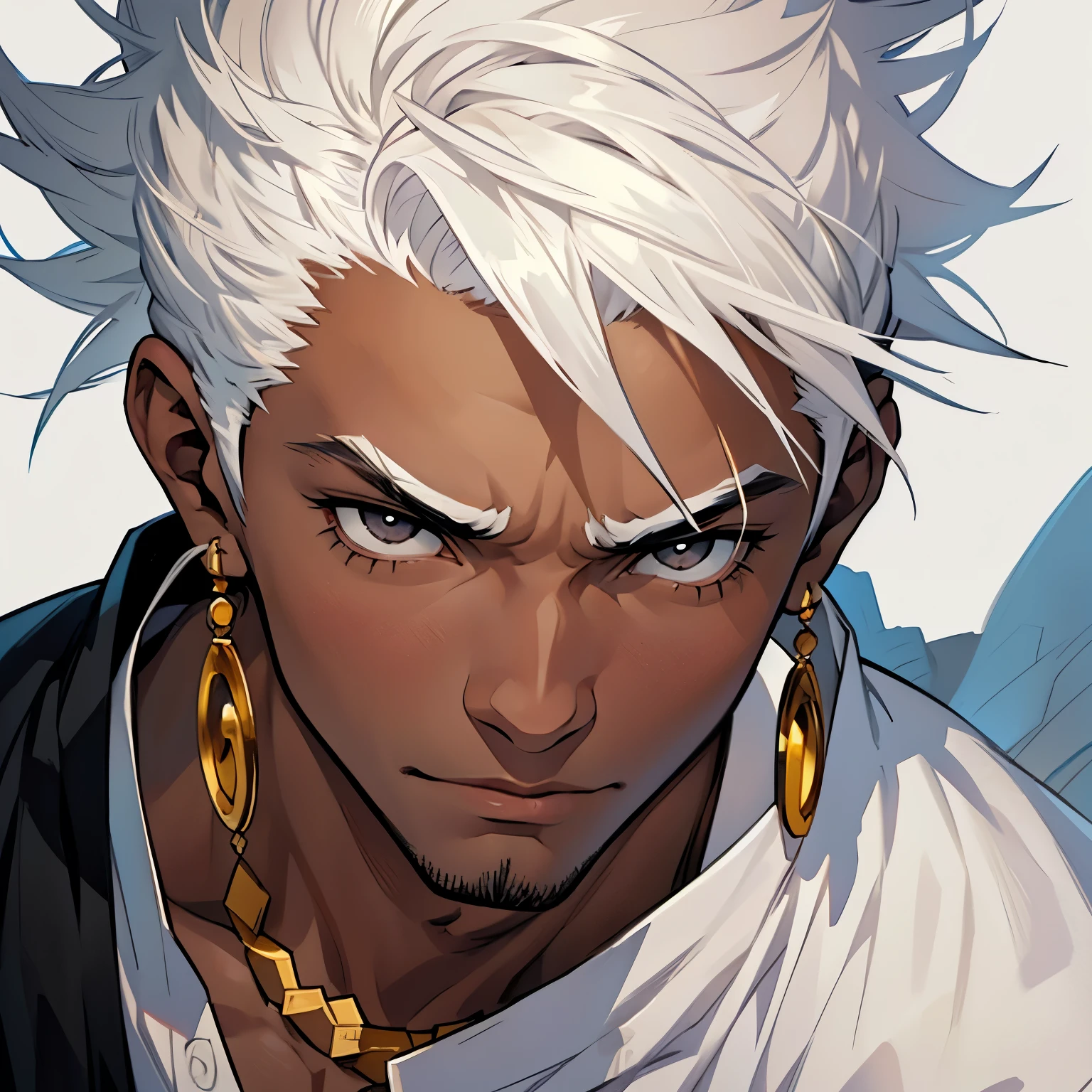 Anime character with white hair and gold earrings staring at the 