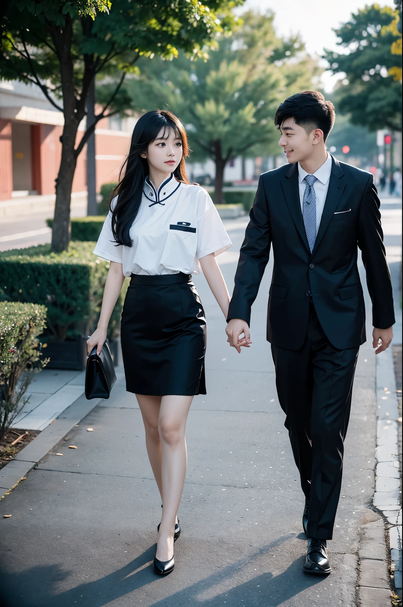 Black-haired Chinese female college student and black-haired Chinese male college student walking together,Wearing bachelor's uniform,Walk around campus,sweet