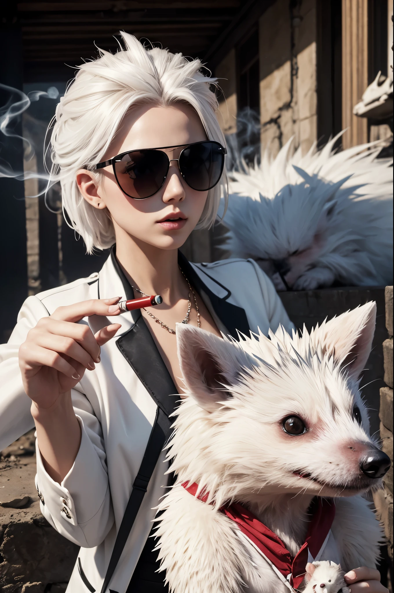 8K,Female white hedgehog wearing sunglasses with red lenses,超A high resolution,A hyper-realistic,hold a long cigarette,Deforome,ruins,The majesty and power of animals,Small animals,cigarette smoke,