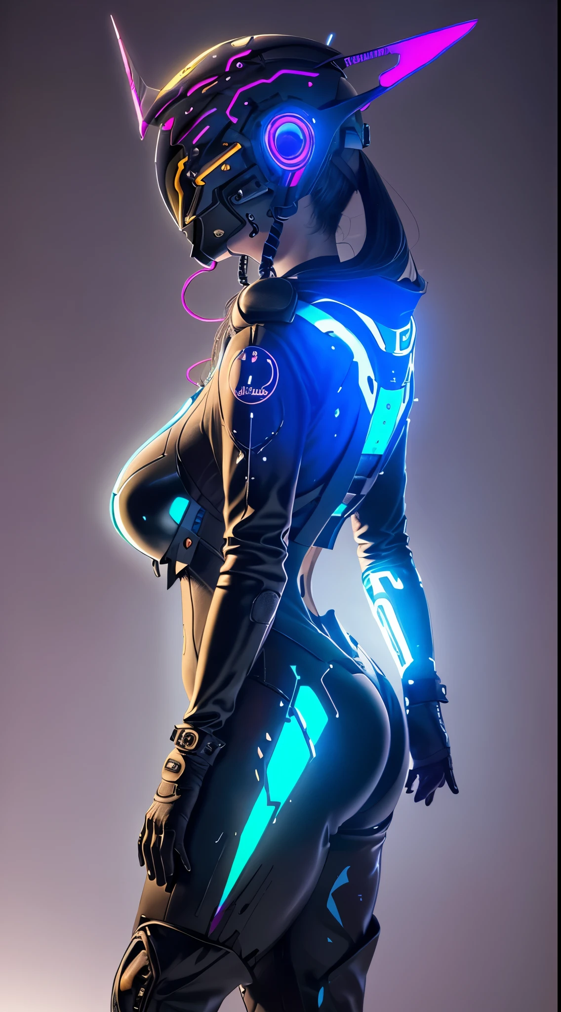Solo, Raw Photo, Realistic, Masterpiece, Best Quality, High Resolution, Ultra-Detailed, Formal Art, Unity 8K Wallpapers, Official Wallpapers, Moody Atmosphere, Chiaroscuro, Celti, 1girl, Helmet, Bodysuit, Black Jumpsuit, Tight Leather, Latex, Biker Clothing, Cycling Suit, Leather, (Huge Breasts), Night, Moonlight, Gloves, (((Unbuttoning))), Innerboob, Pose, (in an egg-shaped cyberhelmet with jackal ears), white Cyber Helmet, Sci-Fi, Large plan, lines of movement, top to bottom, bent, hyper-detailed, neon lights, neon colors, cyberpunk, reflections, radiance, sparks, shy and seductive pose arching back down, throne, throne, side view, cyber wings,