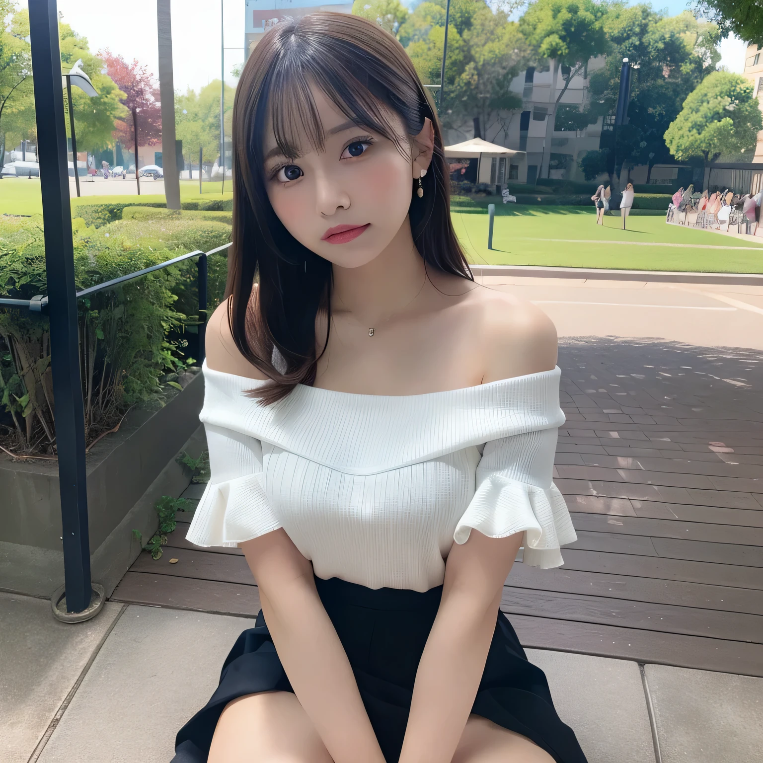1girl in, Extremely cute face,​masterpiece, top-quality, Ultra-fine,the Extremely Detailed CG Unity 8K Wallpapers、top-quality、ultra-detailliert、​masterpiece、realisitic、写真realisitic、extremely detailed cute girl、20yr old、(skirt rift)、(自分でskirt rift))、white  panties、panties focus、red blush、cparted lips、looking at the viewers、Half body shot、Wearing an off-the-shoulder shirt、(Large crowds)、(Crowded parks)、shorth hair、nogizaka、Beautiful black eyes:1.３、17-year-old schoolgirl