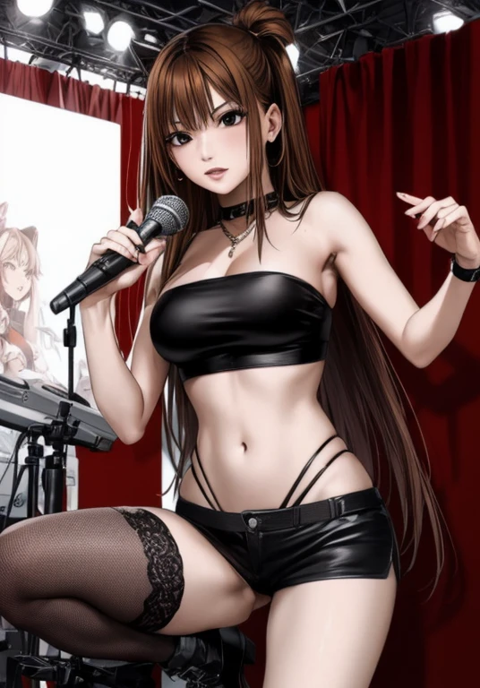 A beautiful adult woman with long, shoulder-length hair, big breasts, beautiful legs, and a sharp face is wearing a black tube top that exposes her navel and hot pants shaped like black panties, with her legs spread, holding a microphone and singing in the studio. standing at。