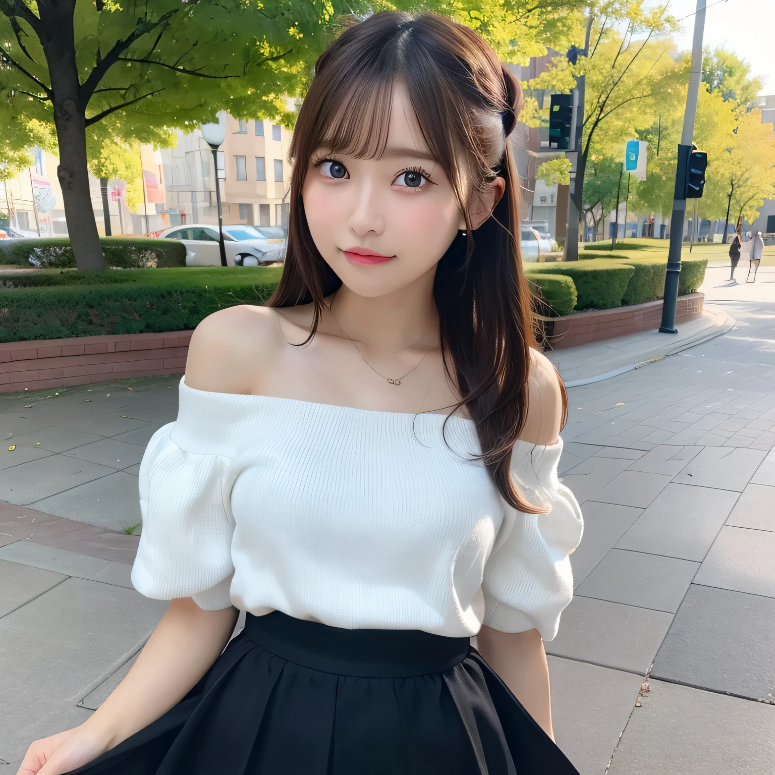 1girl in, Extremely cute face,​masterpiece, top-quality, Ultra-fine,the Extremely Detailed CG Unity 8K Wallpapers、top-quality、ultra-detailliert、​masterpiece、realisitic、写真realisitic、extremely detailed cute girl、20yr old、(skirt rift)、(自分でskirt rift))、white  panties、panties focus、red blush、cparted lips、looking at the viewers、Half body shot、Wearing an off-the-shoulder shirt、(Large crowds)、(Crowded parks)、shorth hair、nogizaka、Beautiful black eyes:1.３、17-year-old schoolgirl
