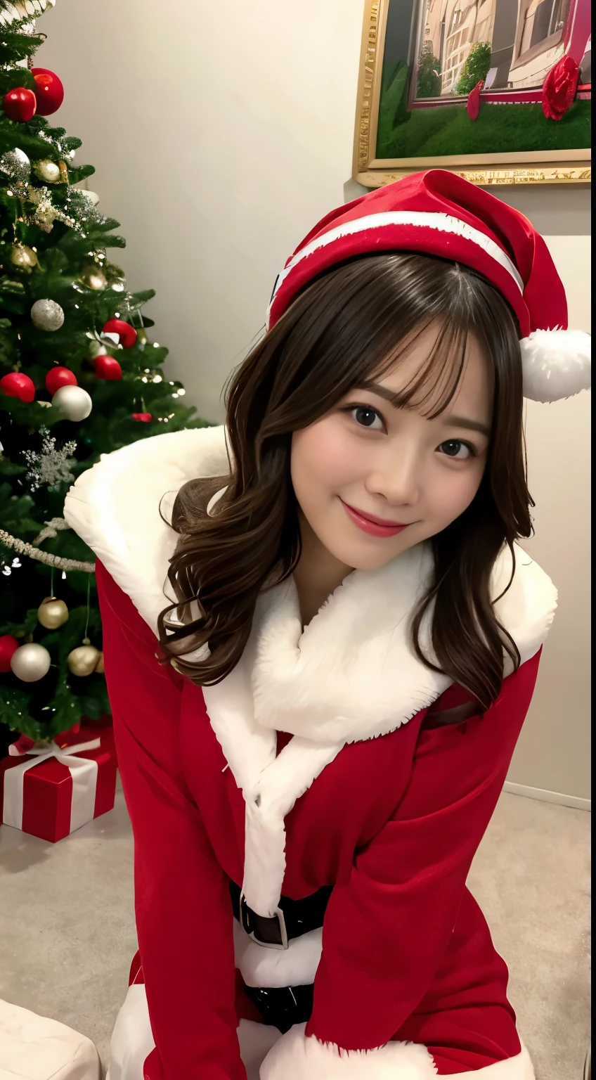 One dark-haired girl in a Santa hat and Santa dress looking at me with a smile,
Christmas dinner is on the table in a room with a Christmas tree,