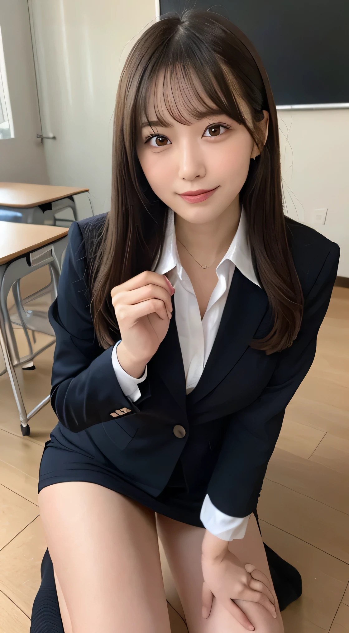 masutepiece, Best Quality, Illustration, Ultra-detailed, finely detail, hight resolution, 8K Wallpaper, Perfect dynamic composition, Beautiful detailed eyes, ,Medium Hair, Big breasts, Natural Color Lip, Random and sexy poses,Smile、20 years girl、 After-school classroom、 high school giller suit、a miniskirt、Loose socks、