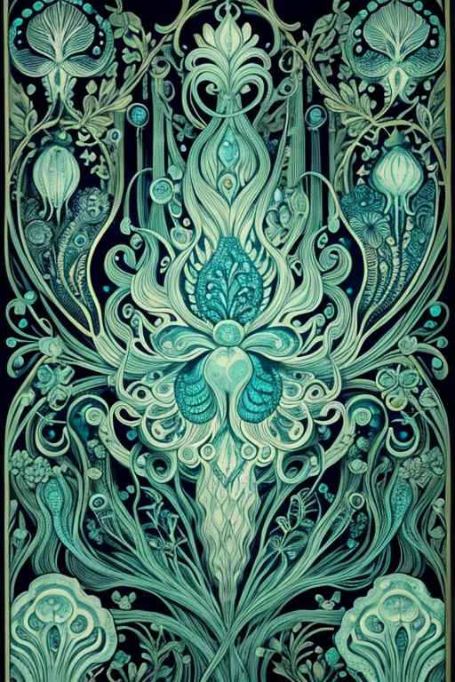 a black and white drawing of jellys and jellyfishs, by Earnst Haeckel, dark green color scheme, closeup!!!!!!, cyanotype, wallpaper!