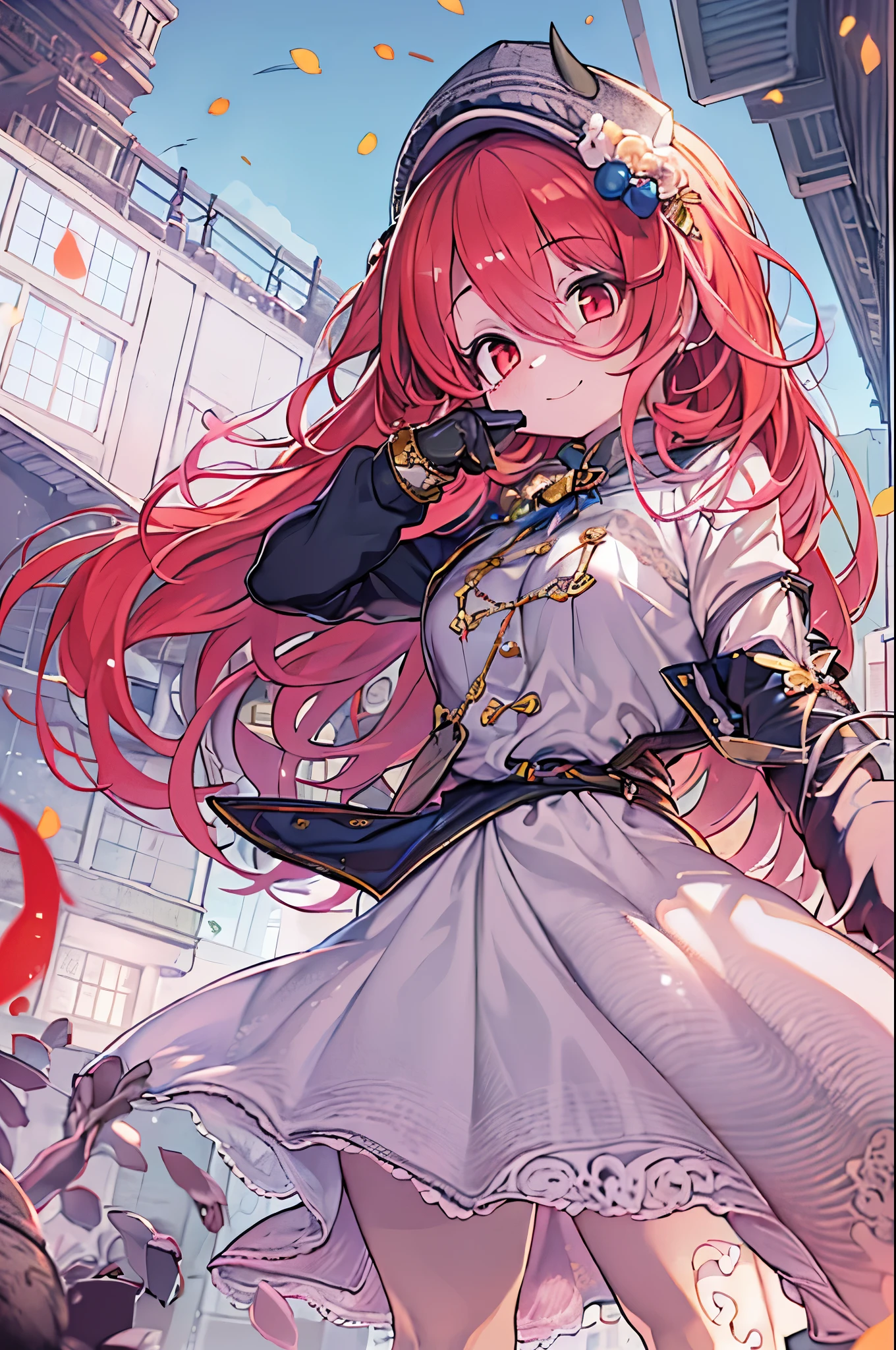 ((masutepiece,Best Quality)),8K Wallpaper,1girl in, Long hair, Red hair, Solo, Dress, Red Eyes, Looking at Viewer, Long sleeves, Standing, building, white Dress, gloves, Hair Ornament, Black jacket, Smile, Floating hair, Dutch Angle, Closed mouth, Looking away, Outdoors