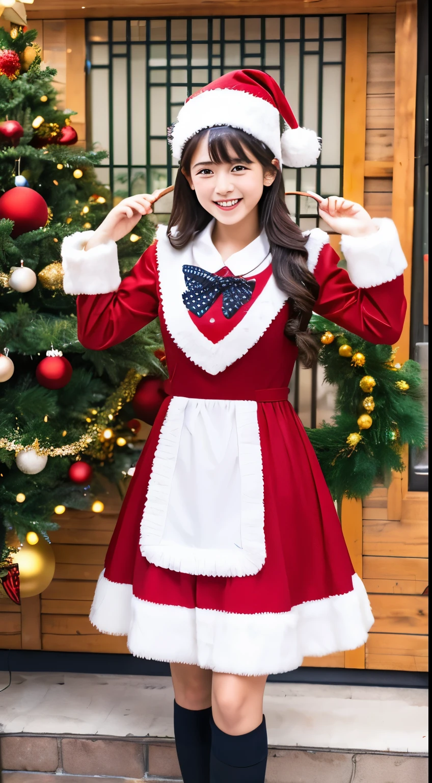 1girl, red hair, green eyes, <lora:Santa Dress_v1:1> santa dress, christmas tree