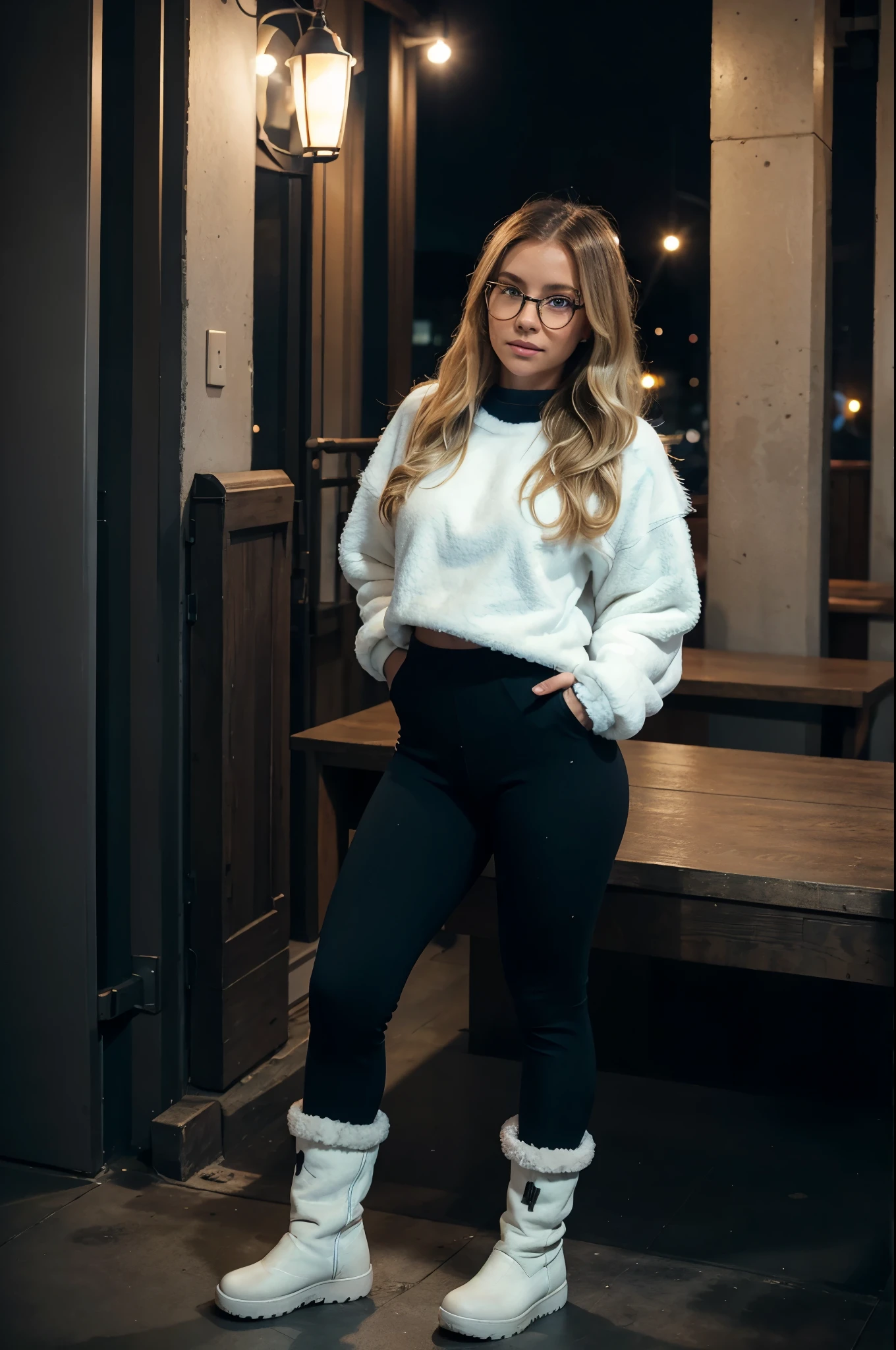 1woman, ombré blonde balayage hair, beautiful blue eyes, freckled face, circle glasses, off-white sweatshirt, seamless black leggings, black leggings, fuzzy faux fur boots, ugg style boots, night city background, full body portrait, raw photo.