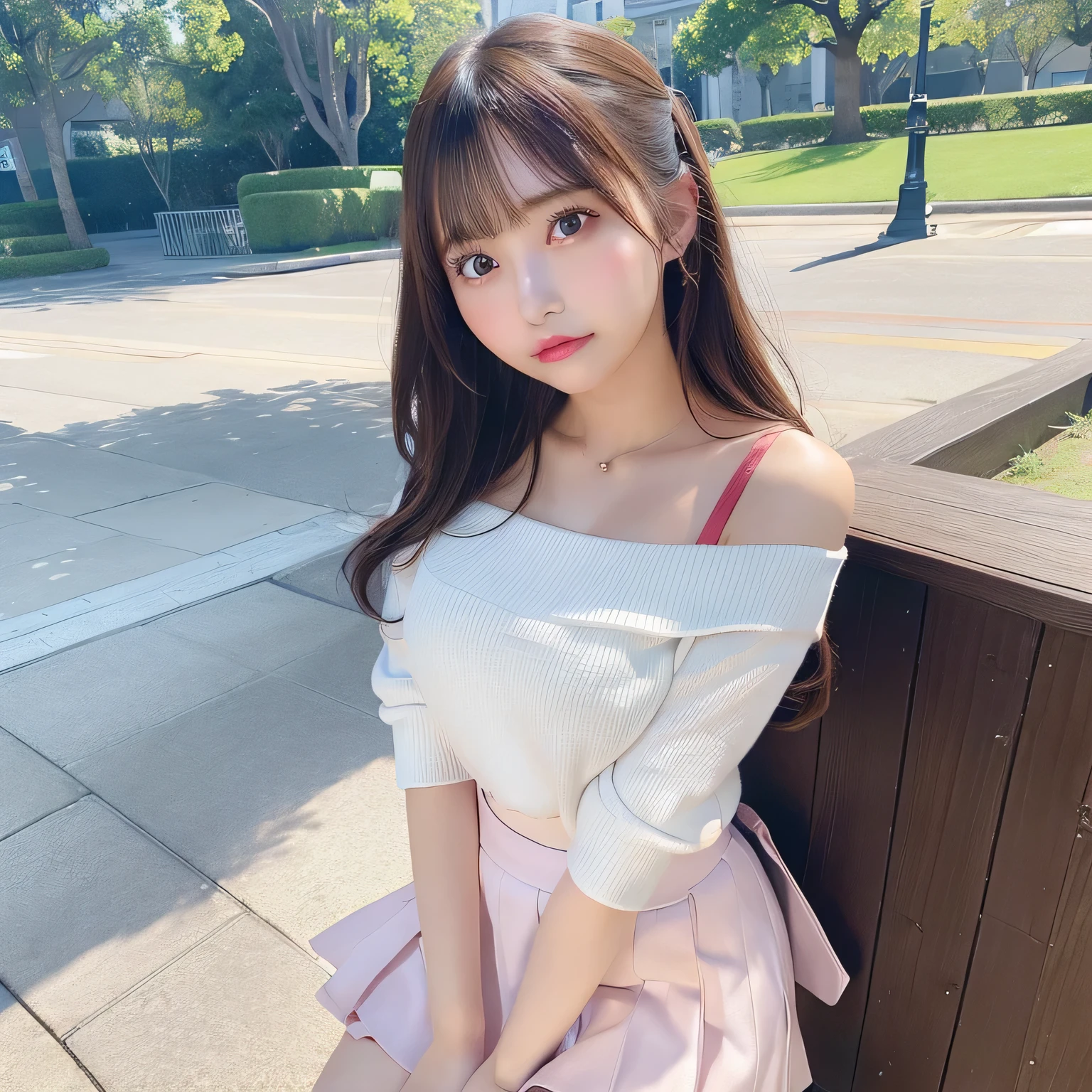 1girl in, Extremely cute face,masterpiece, top-quality, Ultra-fine,the Extremely Detailed CG Unity 8K Wallpapers、top-quality、ultra-detailliert、masterpiece、realisitic、Realizes a highly detailed cute girl、20yr old、(skirt rift)、(自分でskirt rift))、white panties、panties focus、red blush、cparted lips、looking at the viewers、Half body shot、Wearing an off-the-shoulder shirt、(Large crowds)、(Crowded parks)、shorth hair、nogizaka、Beautiful black eyes:1.3、-yeld sc