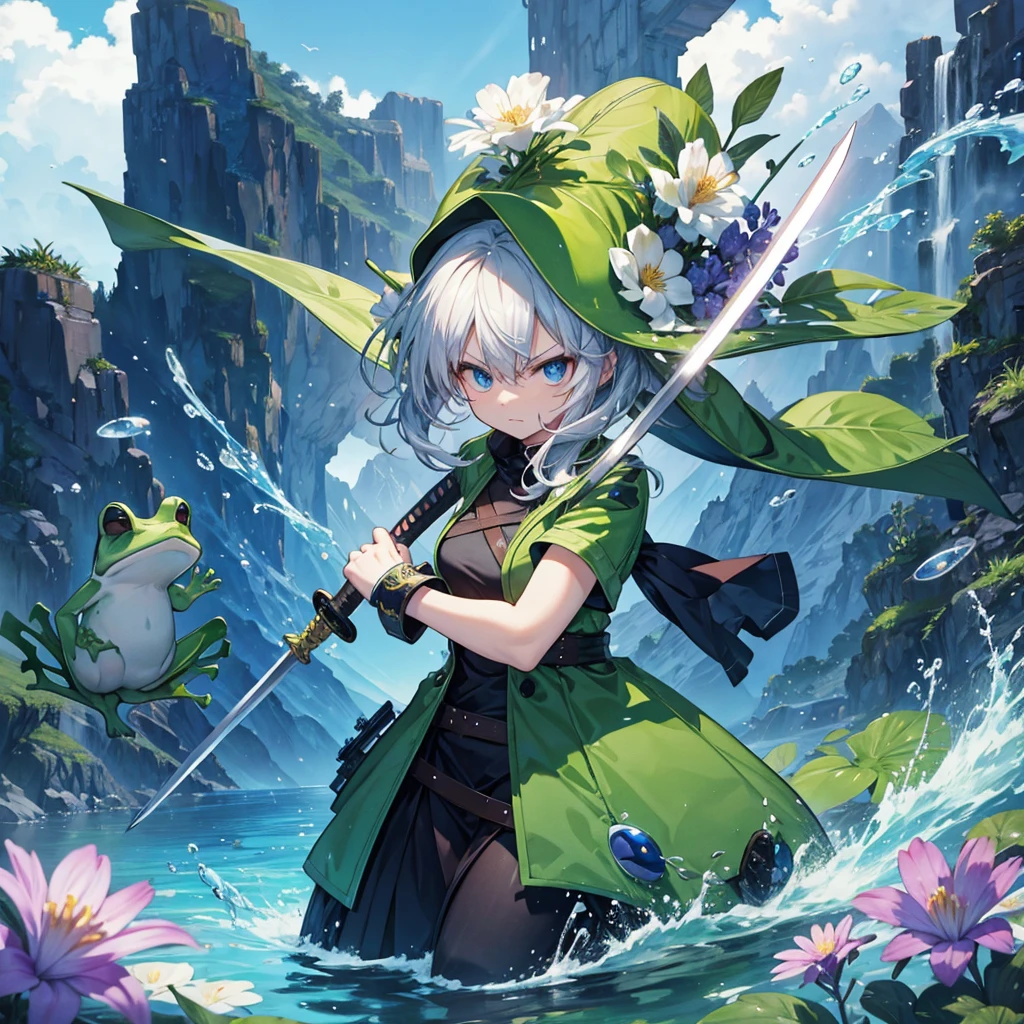 Frog warrior with sword. Flowers and water. Angry.