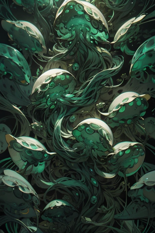 a black and white drawing of jellys and jellyfishs, by Earnst Haeckel, dark green color scheme, closeup!!!!!!, cyanotype, wallpaper!