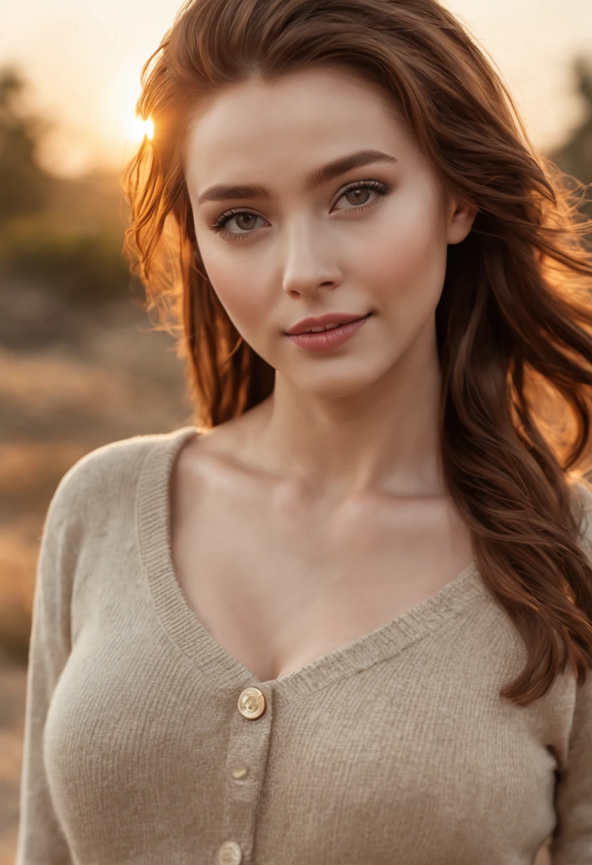 Best quality at best, 超k hd, (realisticlying:1.4),Sunset sun, pony tails, femele, detailed photograph, Smiling, sexy for, filmgrain, low-contrast, Natural face , freckle , brunette color hair , eBlue eyes , facing at the camera, closeup cleavage (tmasterpiece: 1.3), (8K, realisticlying, Best quality at best: 1.4), (1个Giant Breast Girl), pretty  face, (Realistic face), (brunette color hair, short detailed hair: 1.3), Beautiful hairstyle, realisticlying的眼睛, (realisticlying的皮肤), (Sweaters), hoang lap, Attractive, 超高分辨率, hyper realisitc, k hd, the golden ratio