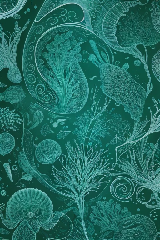 a black and white drawing of jellys and jellyfishs, by Earnst Haeckel, dark green color scheme, closeup!!!!!!, cyanotype, wallpaper!