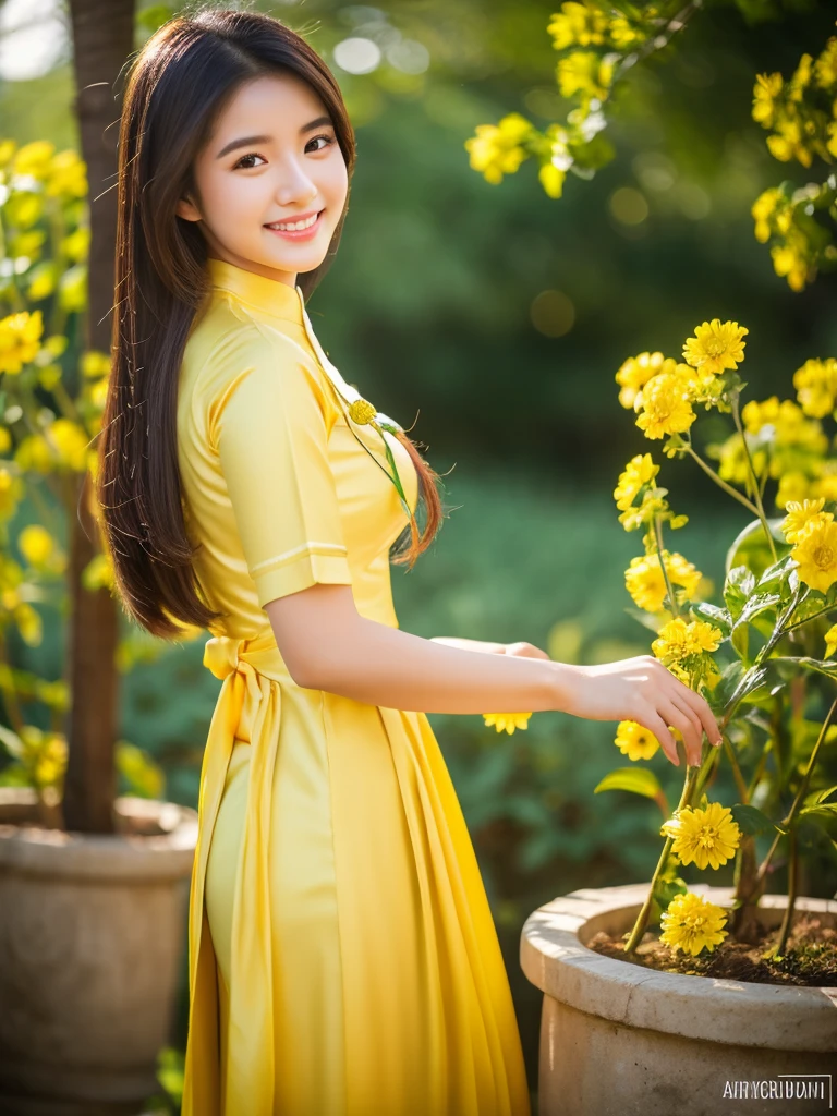 golden yellow ao dai, ao dai, vietnamese girl, vietnam, vietnamese, satin, pretty girl, smile , long hair, Realistic lighting, delicate face, Body perfect anatomy,Top Quality, 8K Resolution , full body , realistic , real human , High quality, shiny ao dai  , realistic , Cinematic, Aesthetic, detailed and beautiful face and eyes,beautiful woman, flower design,