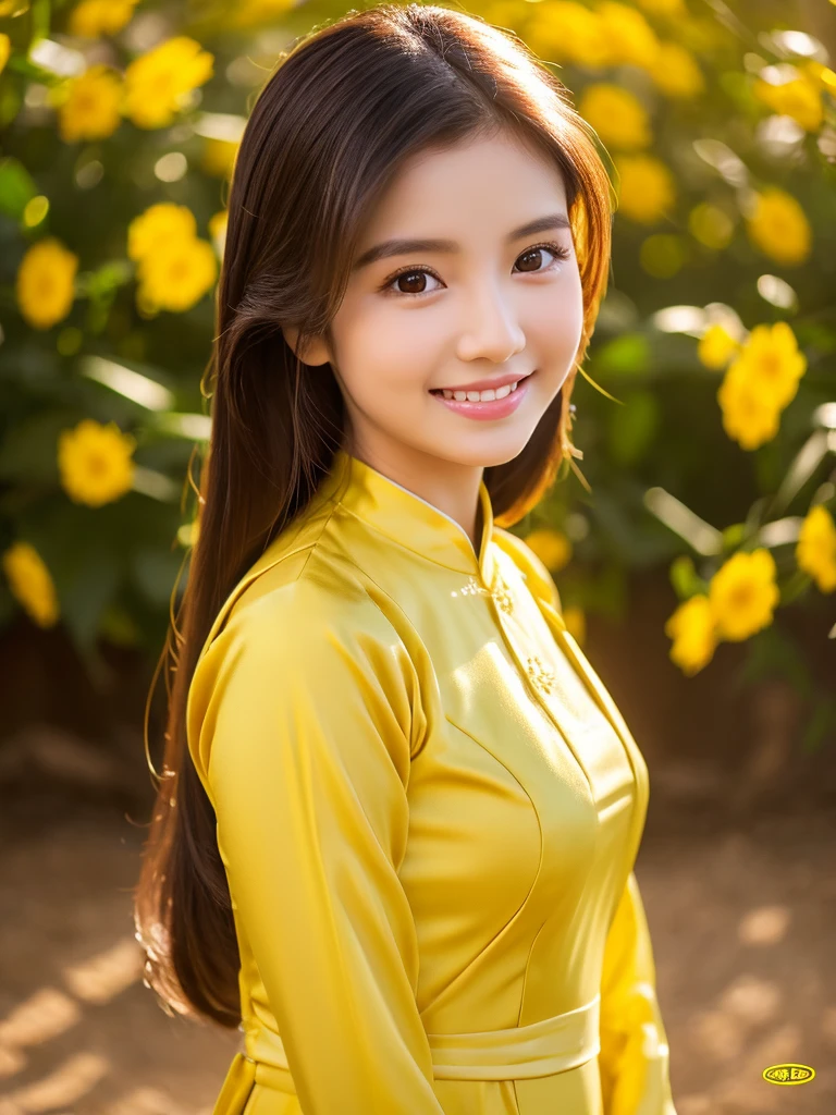 golden yellow ao dai, ao dai, vietnamese girl, vietnam, vietnamese, satin, pretty girl, smile , long hair, Realistic lighting, delicate face, Body perfect anatomy,Top Quality, 8K Resolution , full body , realistic , real human , High quality, shiny ao dai , realistic , Cinematic, Aesthetic, detailed and beautiful face and eyes,beautiful woman, flower design,