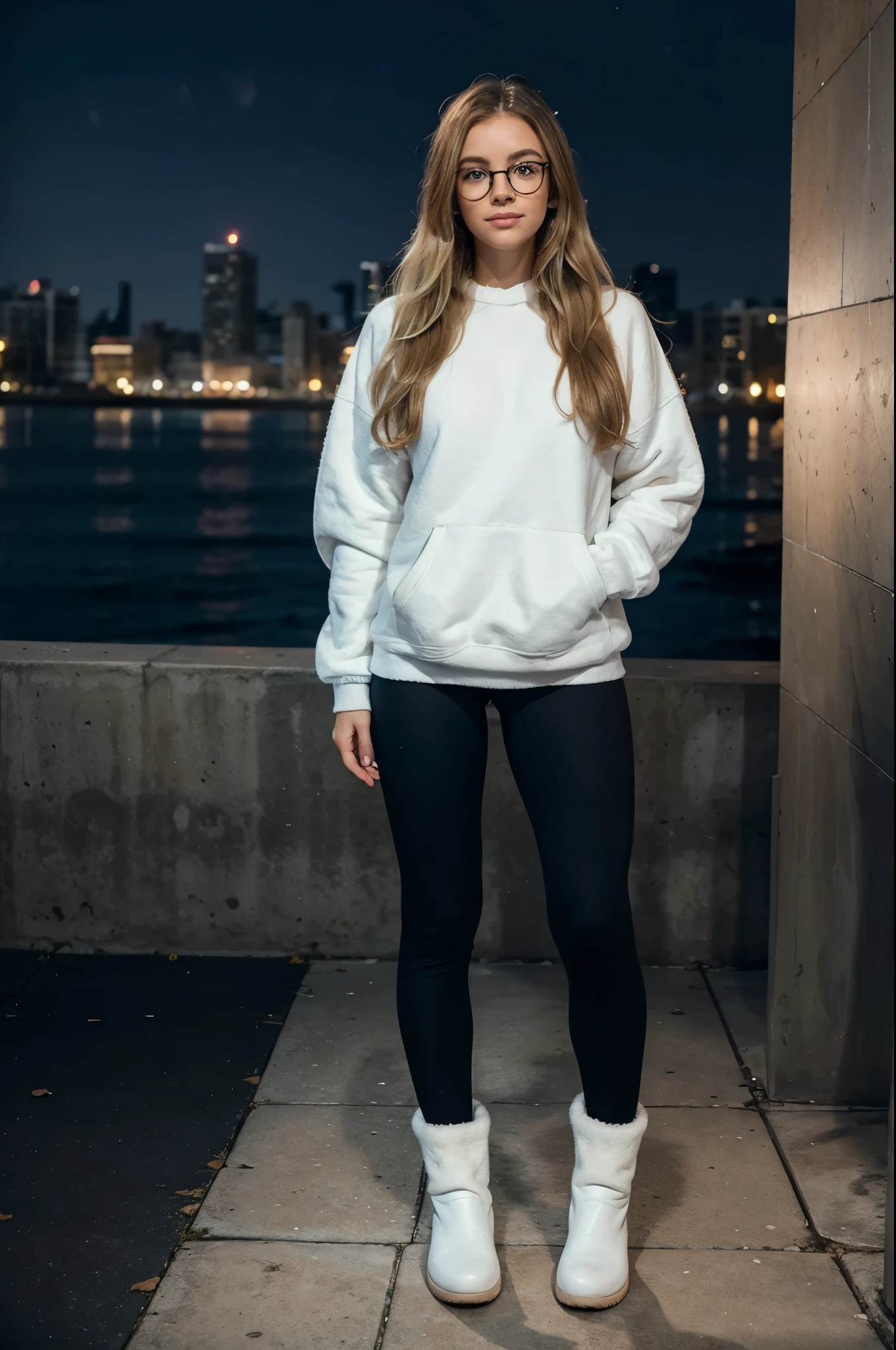 1woman, ombré blonde balayage hair, beautiful blue eyes, freckled face, circle glasses, off-white sweatshirt, seamless black leggings, black leggings, fuzzy faux fur boots, ugg style boots, night city background, full body portrait, raw photo.