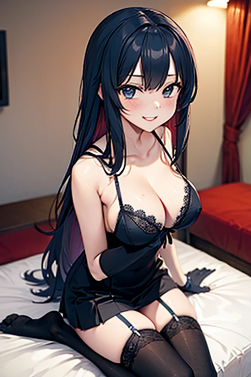 1girl, solo, black hair, large breast, sexy, breast milk,cum in pussy, smiling, (lingerie, gloves, thighhighs), hotel bedroom background, navy lingerie, navy underwear