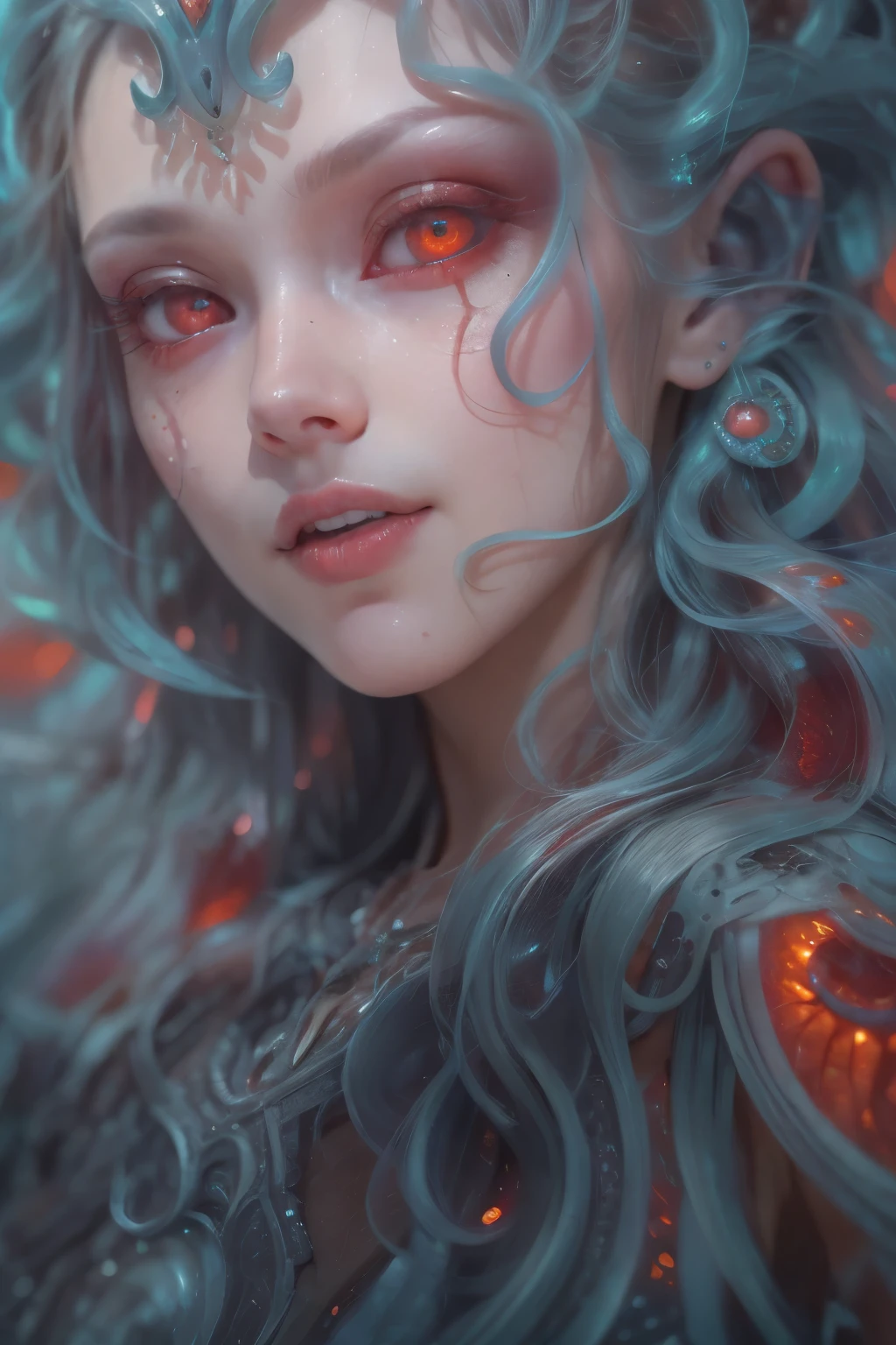 Portrait, (beautiful female alien:1.2),  (There is a female genital-like organ in the middle of the forehead.:1.8), (The most beautiful face in the history of the universe:1.2), (scarlet eyes:1.6), (Translucent skin:1.8), an evil gaze that seduces , (red eyes:1.5), Full body like, (sexypose:1.5), alien, No humans, cells are fused, (Lots of translucent tentacles:1.1) (Translucent skin:1.3), extraterrestrial, cell, bio image, 魅惑的, Best Quality, 8K,4K_quality, High Definition, Dramatic Lighting, masutepiece:1.5,cinematic quality, detail up, (Intricate details:1.2), High resolution, High Definition, drawing faithfully, (Thick eyebrows:1.2), Beautiful eyes with fine symmetry, (Ultra detailed eyes:1.2),(Highly detailed face and eyes:1.2), (High-resolution red-eye:1.4), Intimate face, (Super detailed skin quality feeling:1.4), Perfect Anatomy,  (Beautiful toned body:1.5),  (Moist skin:1.2), No makeup, (dark circles:1.1), long canines, cinematic drawing of characters, ultra high quality model, cinematic quality, detail up, (Intricate details:1.2), High resolution, High Definition, drawing faithfully, Official art, Unity 8K wall  , 8K Portrait, Best Quality, Very High resolution, ultra detailed artistic photography, midnight aura,  unreal enginee 5, Ultra Sharp Focus, art by alberto seveso, ArtGerm, Roisch, intricate artwork, Medusa, best quality, masutepiece, ultra High resolution, (photos realistic：1.4), Ultra-realistic realism, dream-like,  nautilus, Creation of fantasy, Snail, Dream Snail,  biopunk nautilus, Thrilling color schemes， Ultra-realistic realism， seductively smiling, Blue tentacles