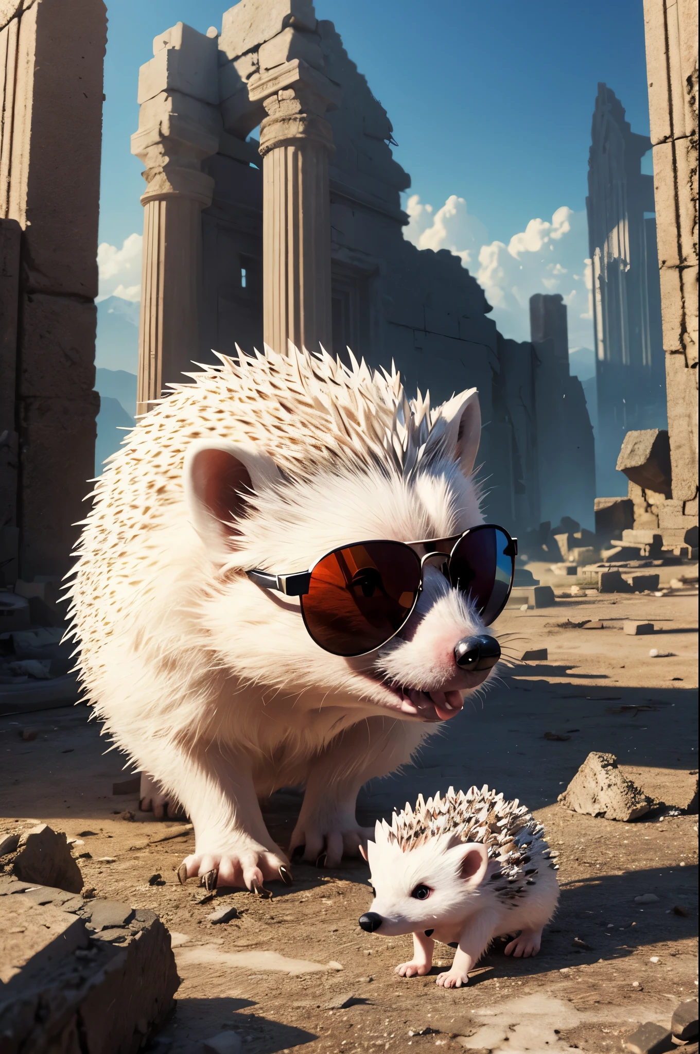 8K,White hedgehog wearing sunglasses with red lenses,超A high resolution,A hyper-realistic,long deformation,ruins,The majesty and power of animals,Small animals,