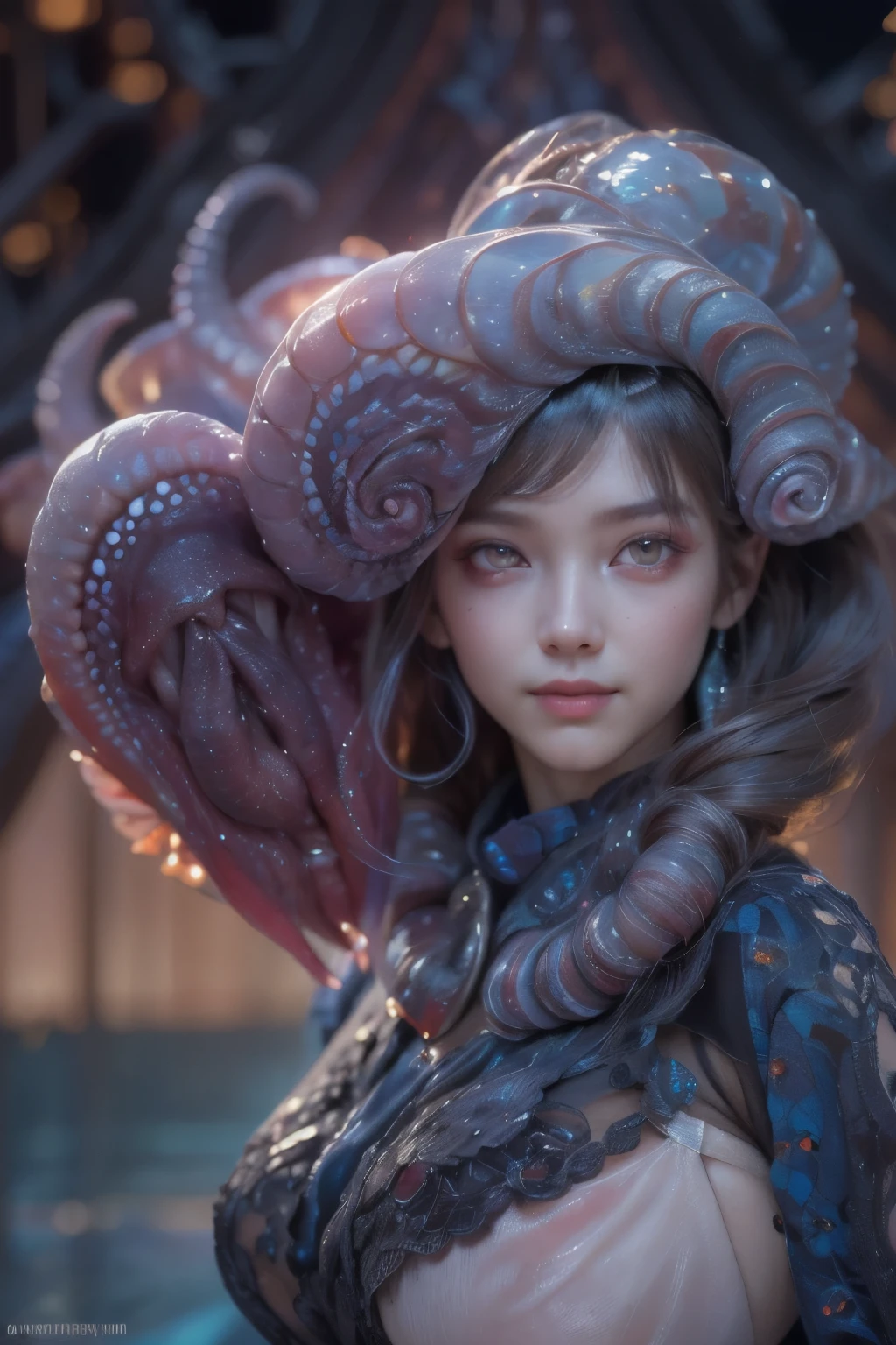 Portrait, (beautiful female alien:1.2), (There is a female genital-like organ in the middle of the forehead.:1.8), (The most beautiful face in the history of the universe:1.2), (scarlet eyes:1.6), (Translucent skin:1.8), an evil gaze that seduces , (red eyes:1.5), Full body like, (sexypose:1.5), alien, No humans, cells are fused, (Lots of translucent tentacles:1.1) (Translucent skin:1.3), extraterrestrial, cell, bio image, 魅惑的, Best Quality, 8K,4K_quality, High Definition, Dramatic Lighting, masutepiece:1.5,cinematic quality, detail up, (Intricate details:1.2), High resolution, High Definition, drawing faithfully, (Thick eyebrows:1.2), Beautiful eyes with fine symmetry, (Ultra detailed eyes:1.2),(Highly detailed face and eyes:1.2), (High-resolution red-eye:1.4), Intimate face, (Super detailed skin quality feeling:1.4), Perfect Anatomy, (Beautiful toned body:1.5), (Moist skin:1.2), No makeup, (dark circles:1.1), long canines, cinematic drawing of characters, ultra high quality model, cinematic quality, detail up, (Intricate details:1.2), High resolution, High Definition, drawing faithfully, Official art, Unity 8K wall , 8K Portrait, Best Quality, Very High resolution, ultra detailed artistic photography, midnight aura, unreal enginee 5, Ultra Sharp Focus, art by alberto seveso, ArtGerm, Roisch, intricate artwork, Medusa, best quality, masutepiece, ultra High resolution, (photos realistic:1.4), Ultra-realistic realism, dream-like, nautilus, Creation of fantasy, Snail, Dream Snail, biopunk nautilus, Thrilling color schemes, Ultra-realistic realism, seductively smiling, Blue tentacles