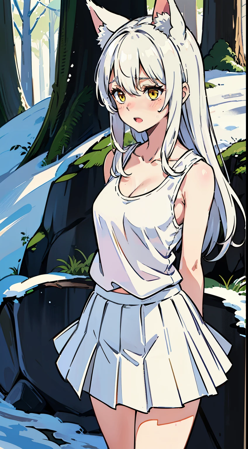 1girl,solo,medium breasts,mature female,((white sleeveless and shoulderless t-shirt,cleavage)),(((white pleated skirt))),silver hair,long hair,yellow eyes,fox ears,((standing in snow,in forest)),(((timid,blush))),open mouth,((arms back))