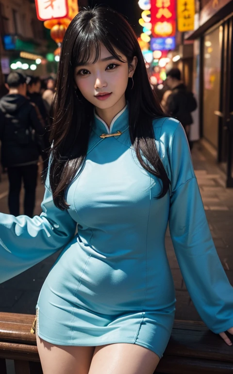 (Unity 16K Wallpaper, Masterpiece, Best Quality, Ultra-Detailed, Extremely Detailed CG, Beautiful Detailed Eyes, solo, curby, china dress, chinese clothes, thighs, voluptuous, Chinatown), Ultra High Resolution, fine skin、sexy, Sweat, 16 years old, smile