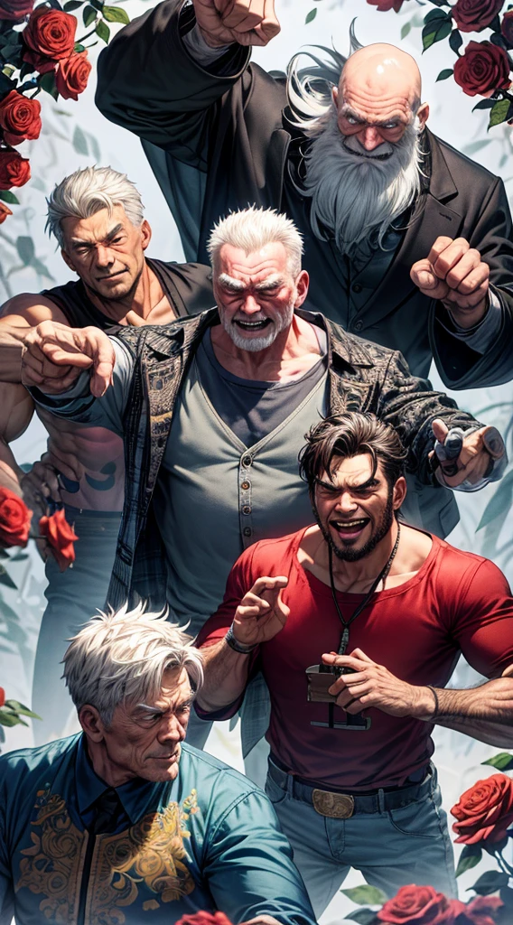 top-quality、male people、A old man、Surrounded by Roses、strong con、Musculoskeletal augmentation々、A muscular man in his 50s、punching pose、laugh