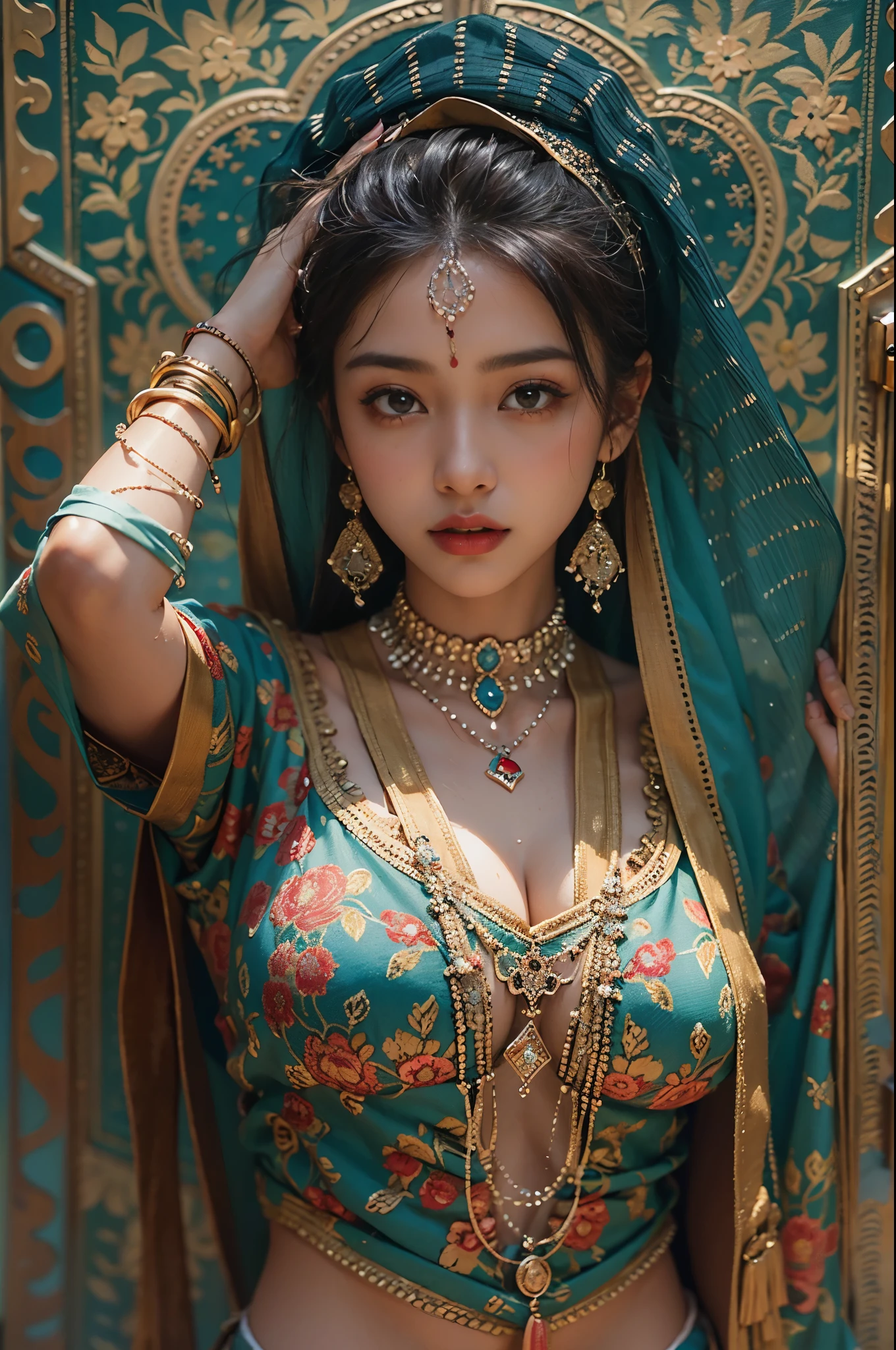 Iranian pride, Ancient glory etched in tapestry hues rhythmic tells architecture transcends traditions carpet masterpieces mark the corners of the intricate, Btflindngds, a beautiful Indian girl, Indian, Indian, Indian girl, darker skin, Dark skin, Persian princess, cyan royal clothing, off the shoulder, heavy makeups, jewelries, mature female, full body, green eyes, sky-blue underwear, veil, face veil, necklace, necklace, necklace, earrings, earrings, huge breasts, big breasts, big breasts, burst breasts, big breasts, full breasts, exposed breasts, bare breasts, narrow waist, bare ass, big ass, bare belly, bare navel, bare ass, big ass, bare belly, bare belly, sexy, wet, wet body, sweat, shiny skin, perfect female body, dancing pose, lewd, erotic dancing pose