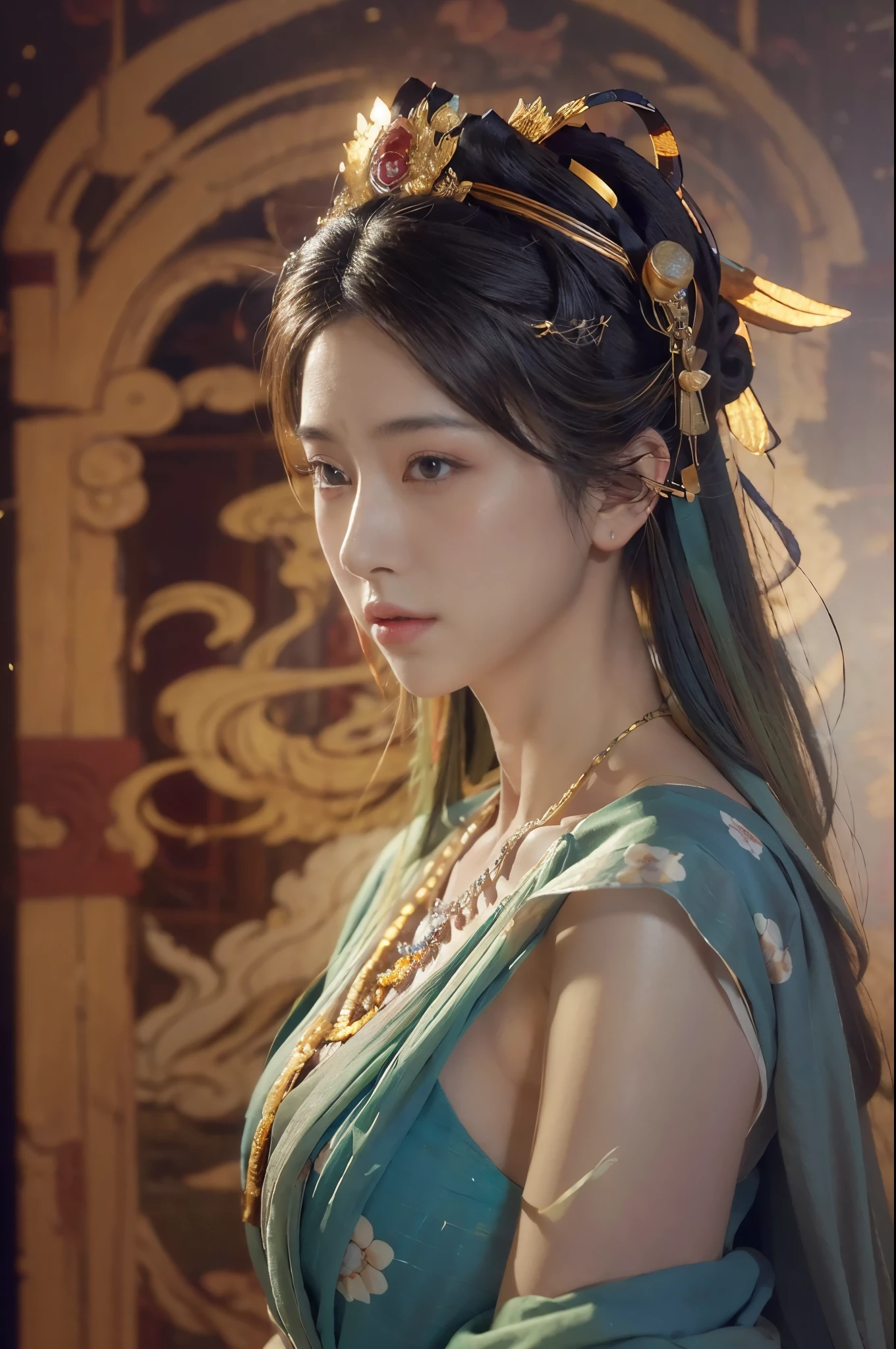 (RAW photo, best quality), (realistic, photo-realistic:1.3),best quality,highly detailed,masterpiece,ultra-detailed,illustration,1girl,upper_body,dynamic angle,world masterpiece theater,messy_long_hair,best quality,extremely detailed CG unity 8k wallpaper,ink,Amazing,cinematic lighting,lenlare,,dunhuang_style