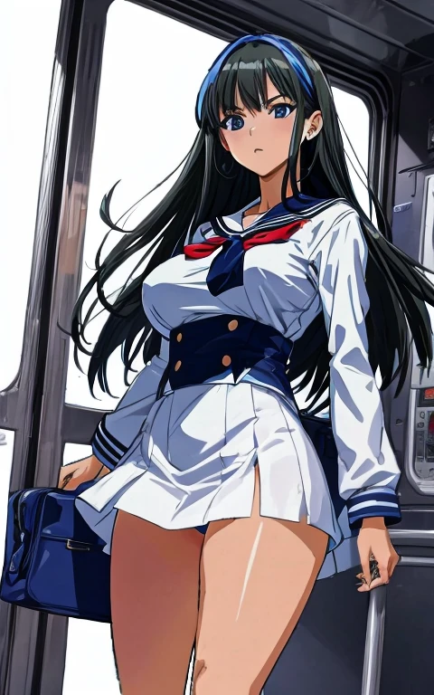 A beautiful woman with long black hair, big breasts, beautiful legs, and a sharp face is standing in a white miniskirt sailor suit, showing light blue and blue panties, and confronting a middle-aged man in a suit on the train.。
