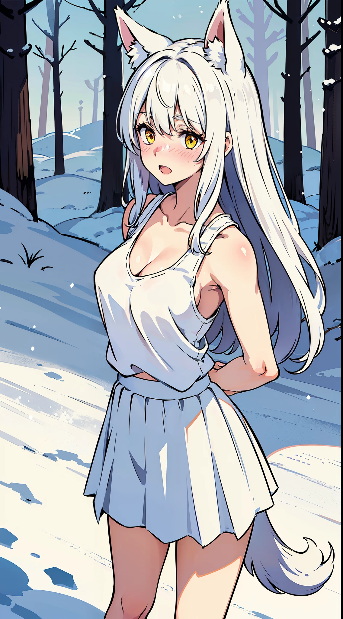 1girl,solo,medium breasts,mature female,((white sleeveless and shoulderless t-shirt,cleavage)),(((white pleated skirt))),silver hair,long hair,yellow eyes,fox ears,((standing in snow,in forest)),(((timid,blush))),open mouth,((arms back))