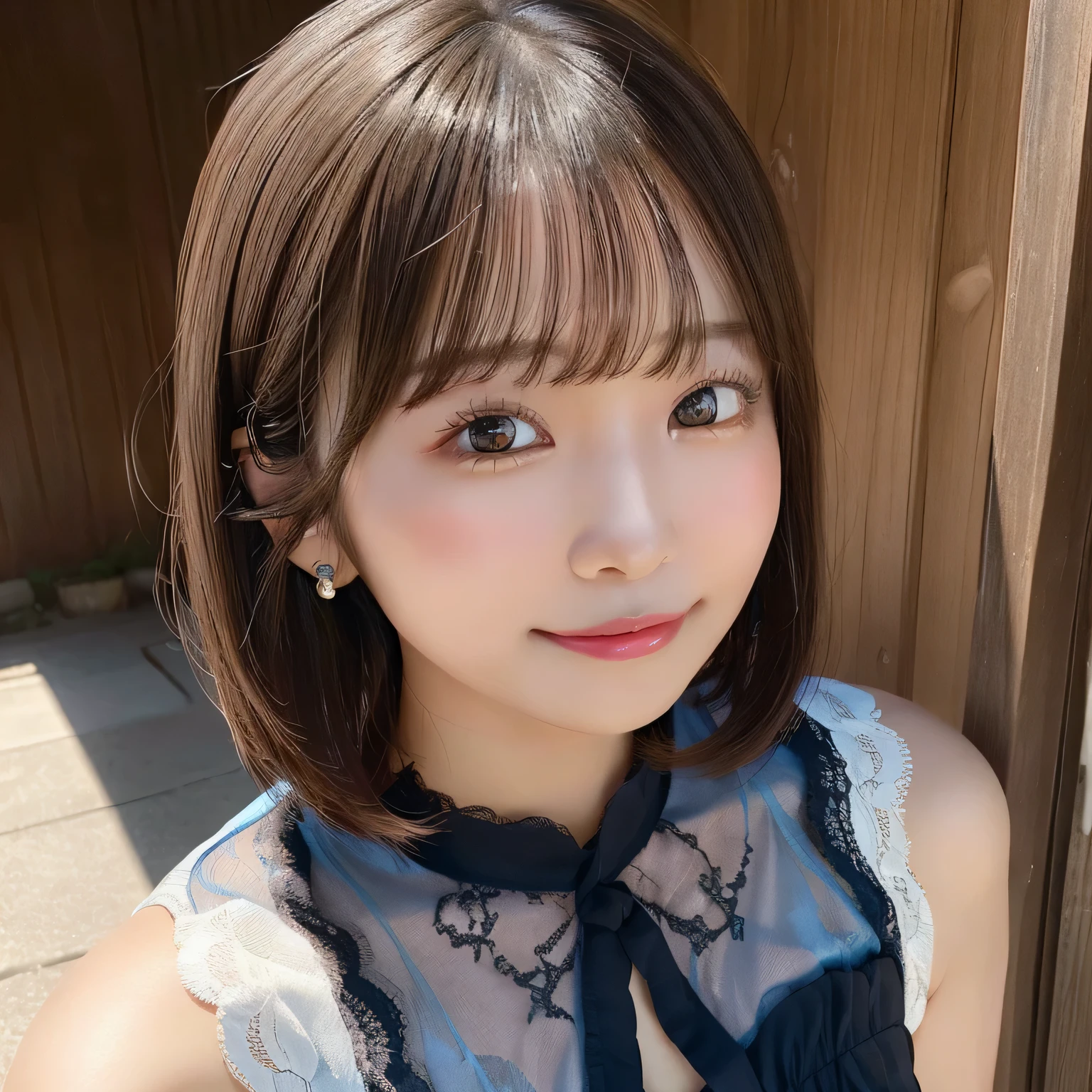 (A hyper-realistic), (illustratio), (hight resolution), (8K), (ighly detailed), (The best illustrationeautiful detailed eyes), (top-quality), (ultra-detailliert), (​masterpiece), (wall-), (详细的脸), (beautiful smiling face)、(Beautiful expression)、Medium bob cut hair、Earrings with bangs、独奏、(((cute little日本の美少女)))、  ((20 year old Japan beautiful girl in light blue sexy lace lingerie))、 real looking skin、Cleavage of、Medium chest、swimsuit body bien、mare、the beach、cute little、nogizaka、Beautiful black eyes:1.３、17-year-old schoolgirl