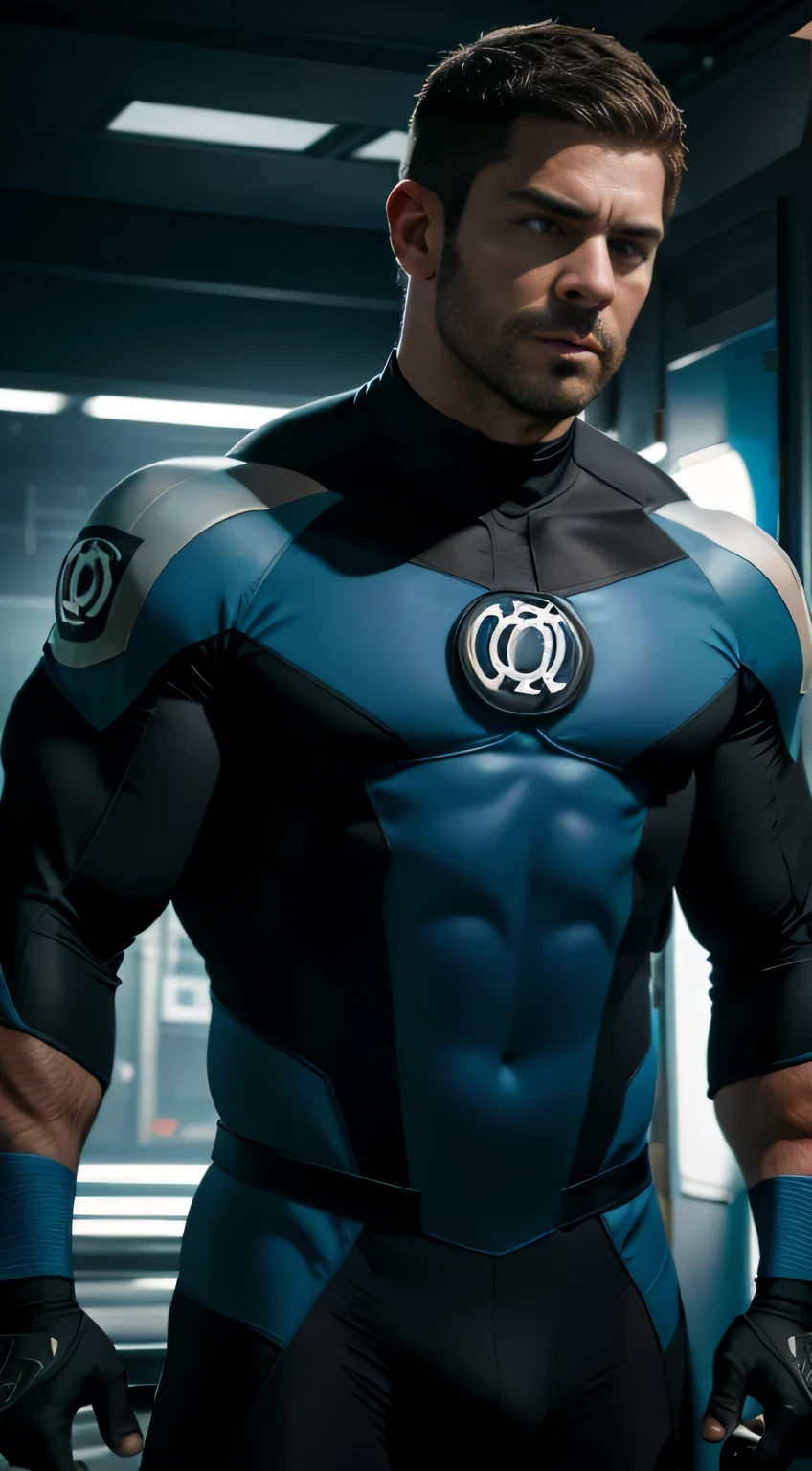 An award-winning original photo，A wild muscular man, (30 years old man:1.3), 1boy, Solo, (wearing a (blue lantern) tight metal suit), (blue ring on a finger), neon blue details, black hair, (big shoulder), muscular, hunk, stubbles, Short beard, (Detailed face:1.3), (beautiful eyes:1.2), soft smile, peaceful, Dynamic Angle, volumetric lighting, (Best quality, A high resolution, Photorealistic), Cinematic lighting, Masterpiece, RAW photo, Intricate details, hdr, depth of field, upper body shot, levatating, in space background