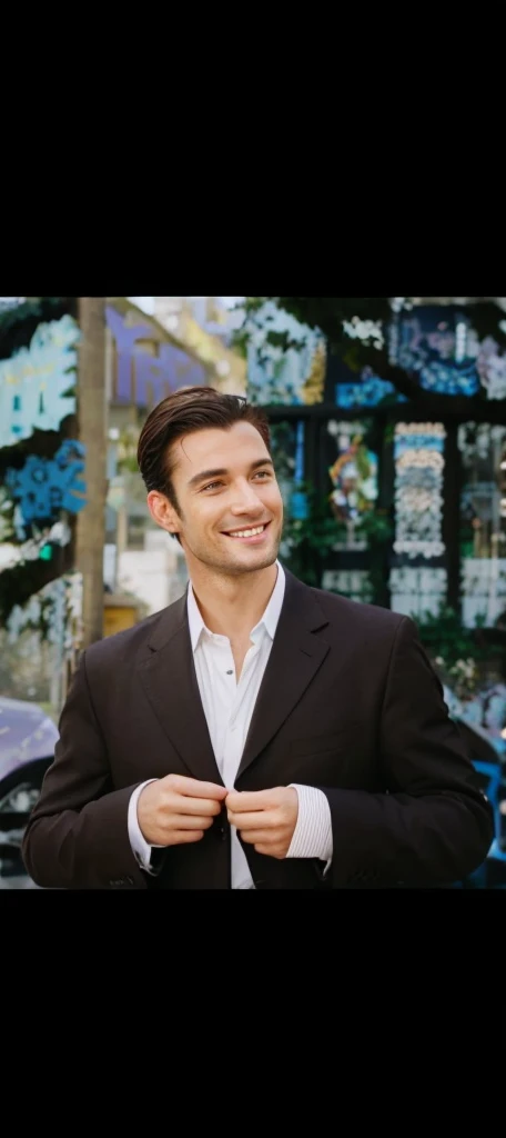 European handsome man, dark hair, wearing a brown suit, smiling, sunny day