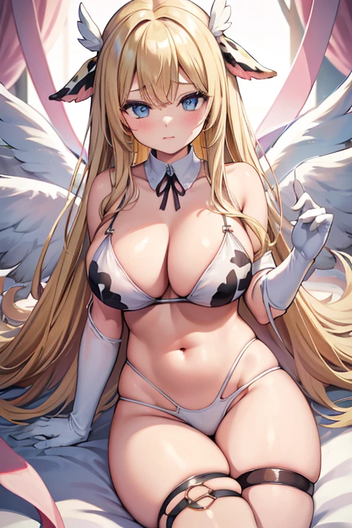 blonde hair, a cow pattern bra, a cow pattern lingerie, a cow pattern underwear, long hair, blue eyes, angel wings,large breasts, bare shoulders, elbow gloves, feathered wings, gloves, head wings, navel, pink ribbon, ribbon, single elbow glove, single glove, thigh strap, wings