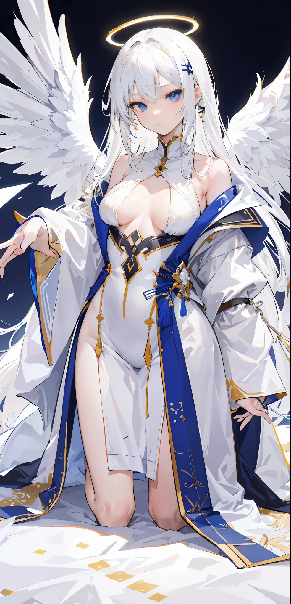 light skin color, white hair color long hair, Bigchest, 1:70,Kneeling,facing at the camera,Kneeling,No clothes,slim,,Clothes are less sexy,the shy,White wings, Angelic趴着, Overhead halo, yellow-eyed, A sexy pose, Angelic, Angelic标记,hyper HD, White hair, eBlue eyes.