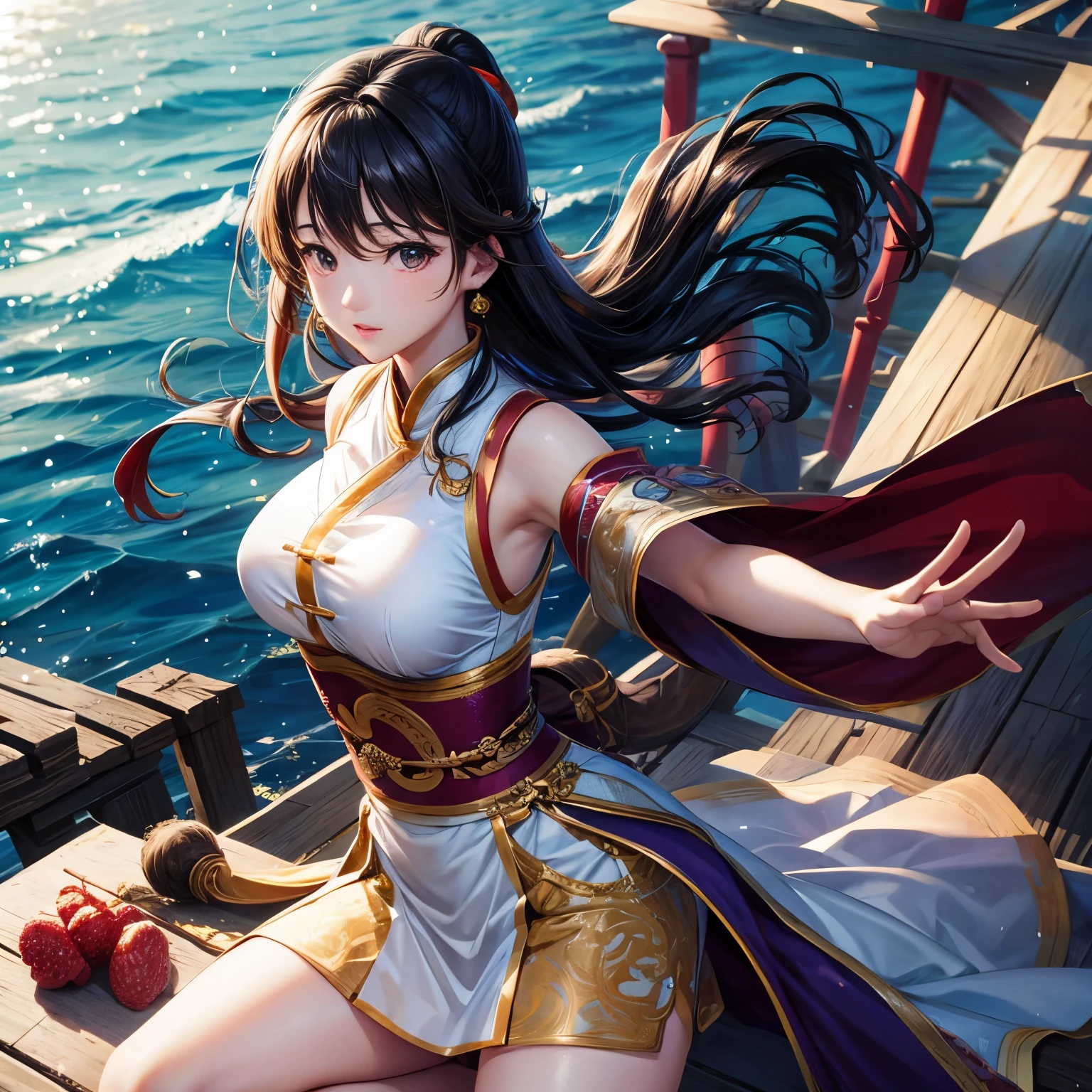 Attractive thighs A woman wearing a Chinese dress Large Breasts Breasts visible from the side Fighting in the ring A large amount of squirting is blowing