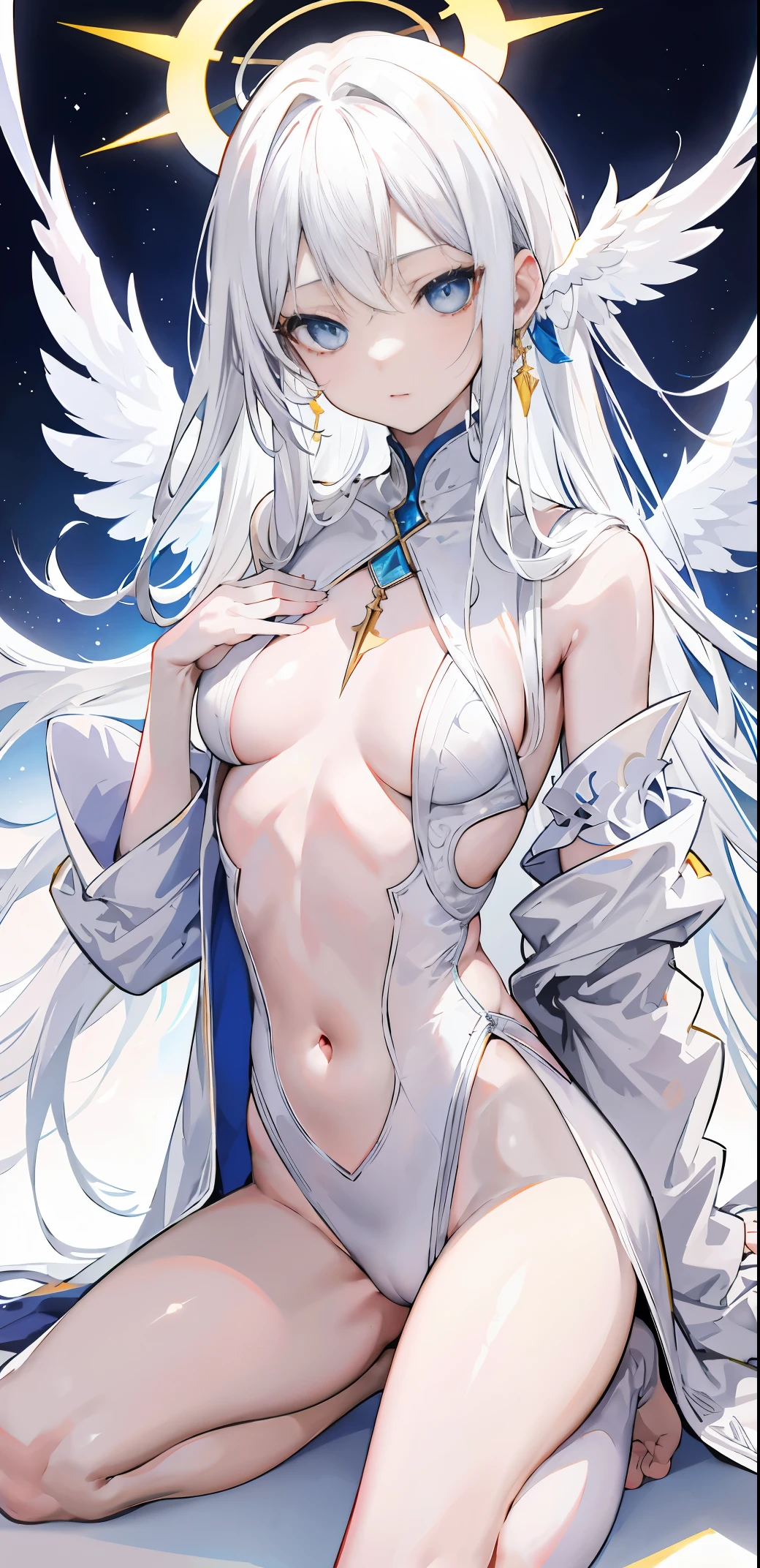light skin color, white hair color long hair, Bigchest, 1:70,Kneeling,facing at the camera,Kneeling,No clothes,slim,,Clothes are less sexy,the shy,White wings, Angelic趴着, Overhead halo, yellow-eyed, A sexy pose, Angelic, Angelic标记,hyper HD, White hair, eBlue eyes.