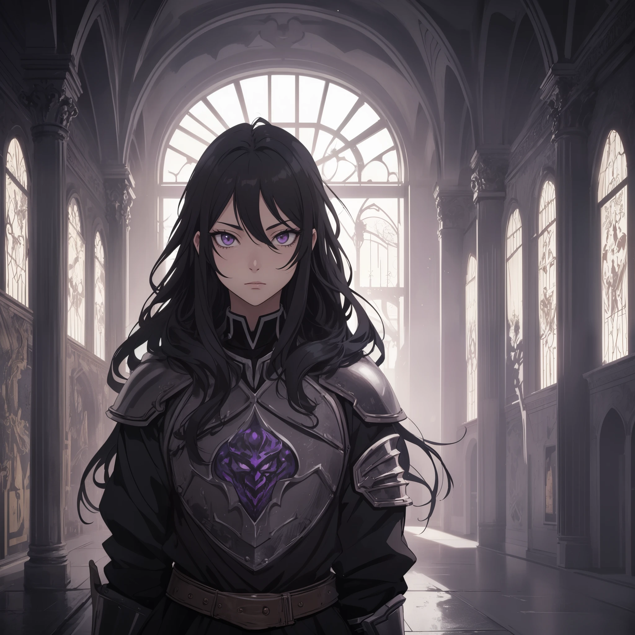 Anime girl in armor standing in a hall with a sword - SeaArt AI
