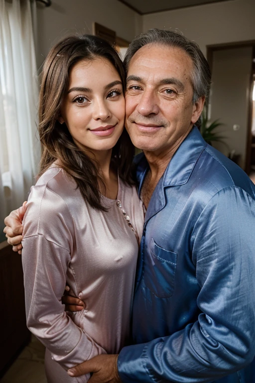 Selfie of a 21-year-old girl with an attractive 60-year-old mature man, ambos se ven sonrientes, es su esposo, ambos visten elegante, soy millonarios y viven feliz, el la besa, photo just woke up she wears silk pajamas