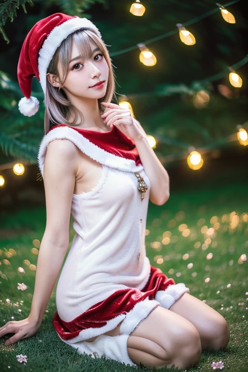 tre anatomically correct,Masterpiece of,High image quality,(Red costume),((Cute Santa Claus costumes:1.5)),((Skirt is mini length)),(The material of the costume is fine velvet:1.4), (The white fur part of the costume is mink, Accentuate the fluffiness:1.4),(contrapposto),Professional Lighting,((naughty face)),The ultra-detailliert,High quality textures,High quality shadows,depth of fields,Ray traching,背後にChristmasツリー, Christmas,Fun atmosphere,Twinkling lights,soft snowflakes fall,Cozy,romantic,Cheerful,breathtaking scenery,Warmth,Happiness,Magical,Holiday spirit, Ultra-realistic capture, Highly detailed, 人間の皮膚のhight resolution16kクローズアップ,Skin texture must be natural, Detailed enough to finely identify pores. Skin should look healthy, In a uniform tone. Use natural light and color,(Best Quality,4K,8K,hight resolution,masutepiece:1.2),Ultra-detailed,extremely detailed eye and face,Beautiful detailed eyes,Beautiful detailed lips,long eyelashes,((Realistic)),Photorealistic:1.37,japanes,fine-grained white skin,beautiful and magnificent composition,masutepiece,Attractive,Cute,silky smooth and straight hair,Sharp Focus,,((healthy thigh body photo)),(Full-body photography from a distance:1.4),((Silver hair color)),((surrounded by poinsettia flowers)),shoes,sox,((with round face)),nsfw,medium breasts,