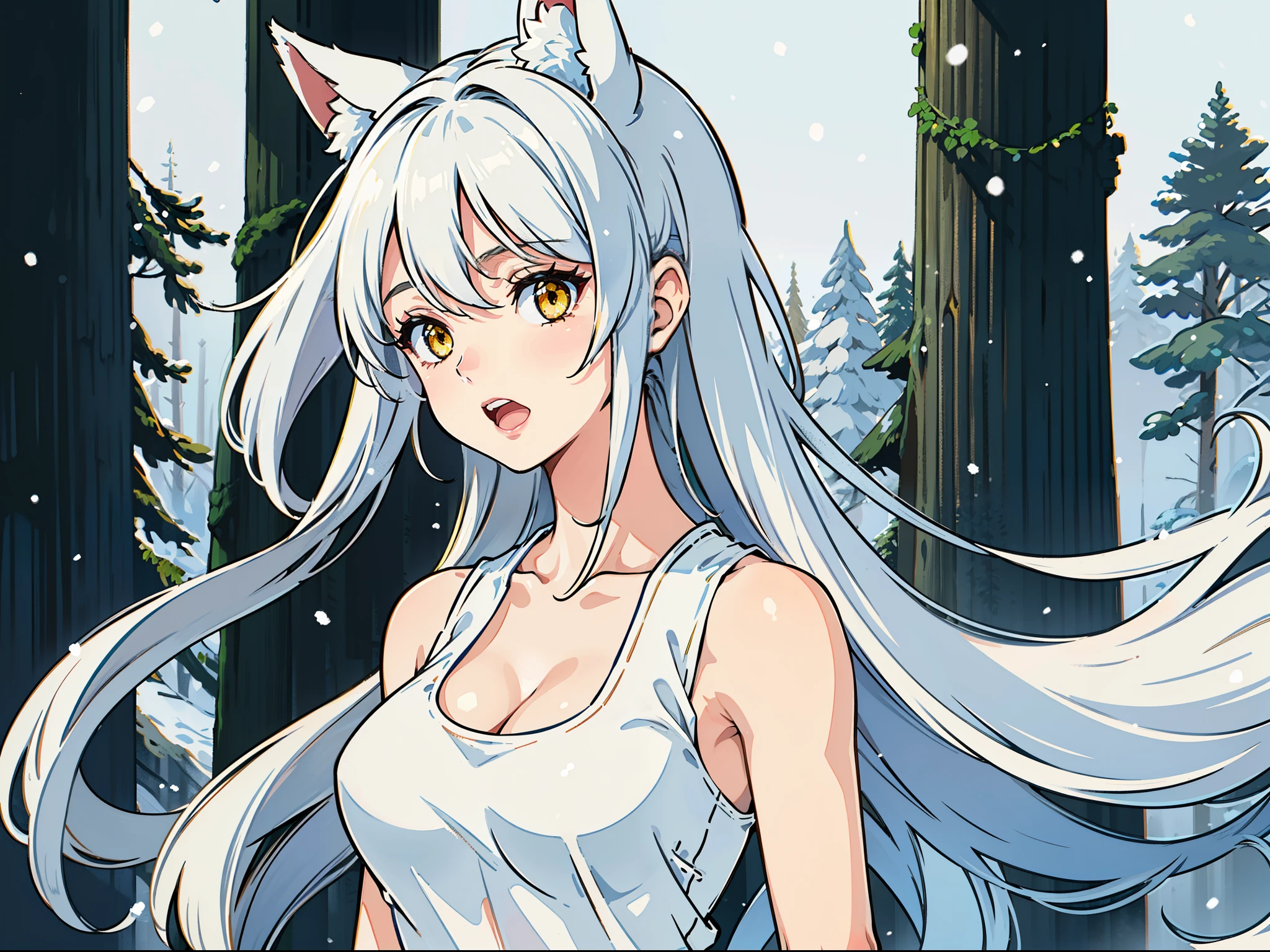 1girl,solo,medium breasts,mature female,((white sleeveless and shoulderless t-shirt,cleavage)),silver hair,long hair,yellow eyes,fox ears,((in snow,in forest)),portrait,open mouth,