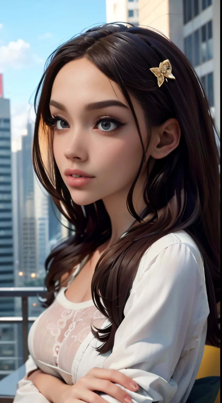 photo of Luxury Girl, RAW, beautiful woman, ((portrait)), ((detailed face:1.2)), ((detailed facial feature, detailed skin, clear skin), (perfect proportioned body), (wearing a colorful sexy dress) (high detailed city environment, apartment balcony), (realistic photo, best quality, detailed), (8k wallpaper), (cinematic lighting, dramatic lighting) (sharp focus, intricate)