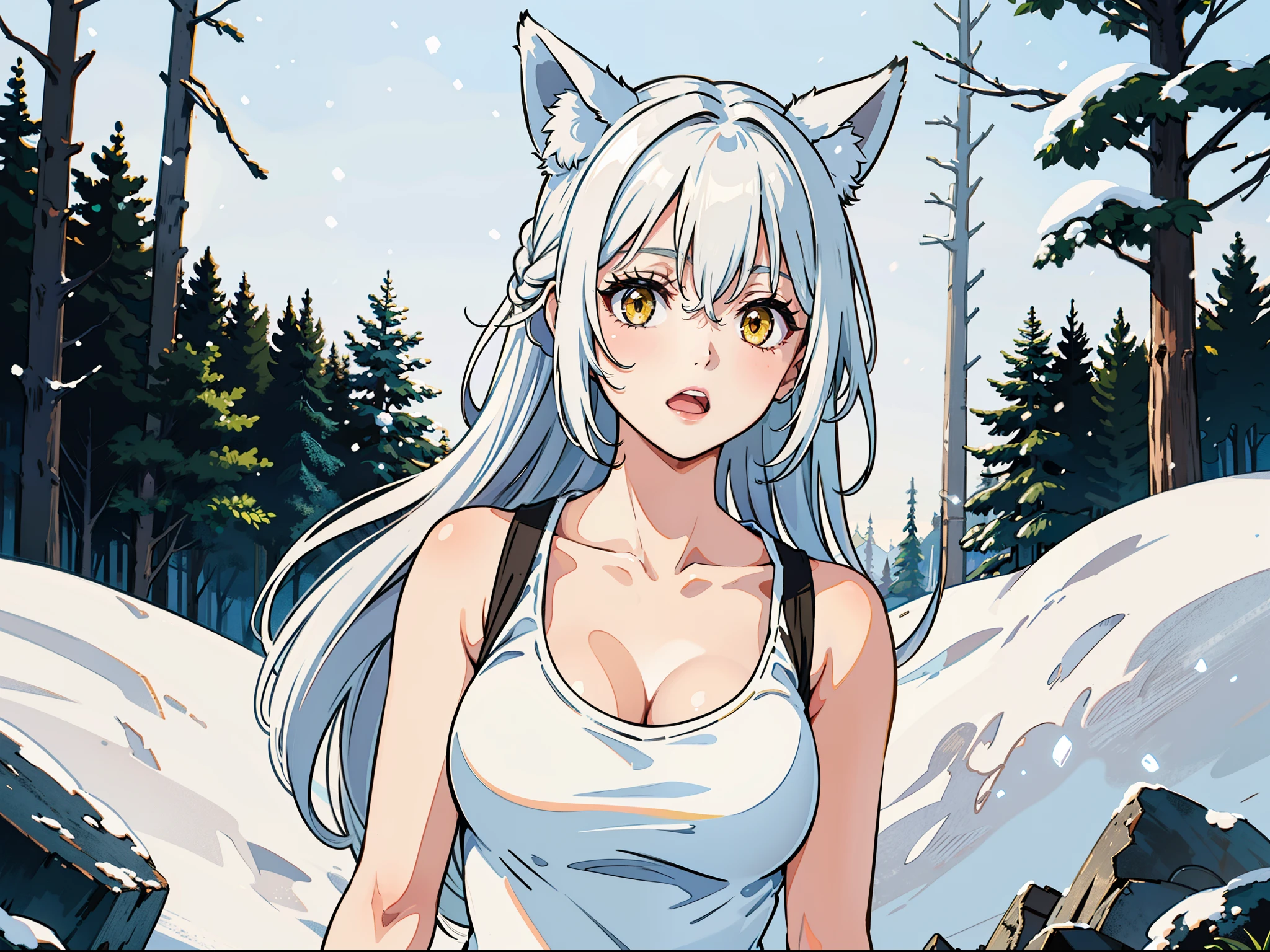 1girl,solo,medium breasts,mature female,((white sleeveless and shoulderless t-shirt,cleavage)),silver hair,long hair,yellow eyes,fox ears,((in snow,in forest)),portrait,open mouth,