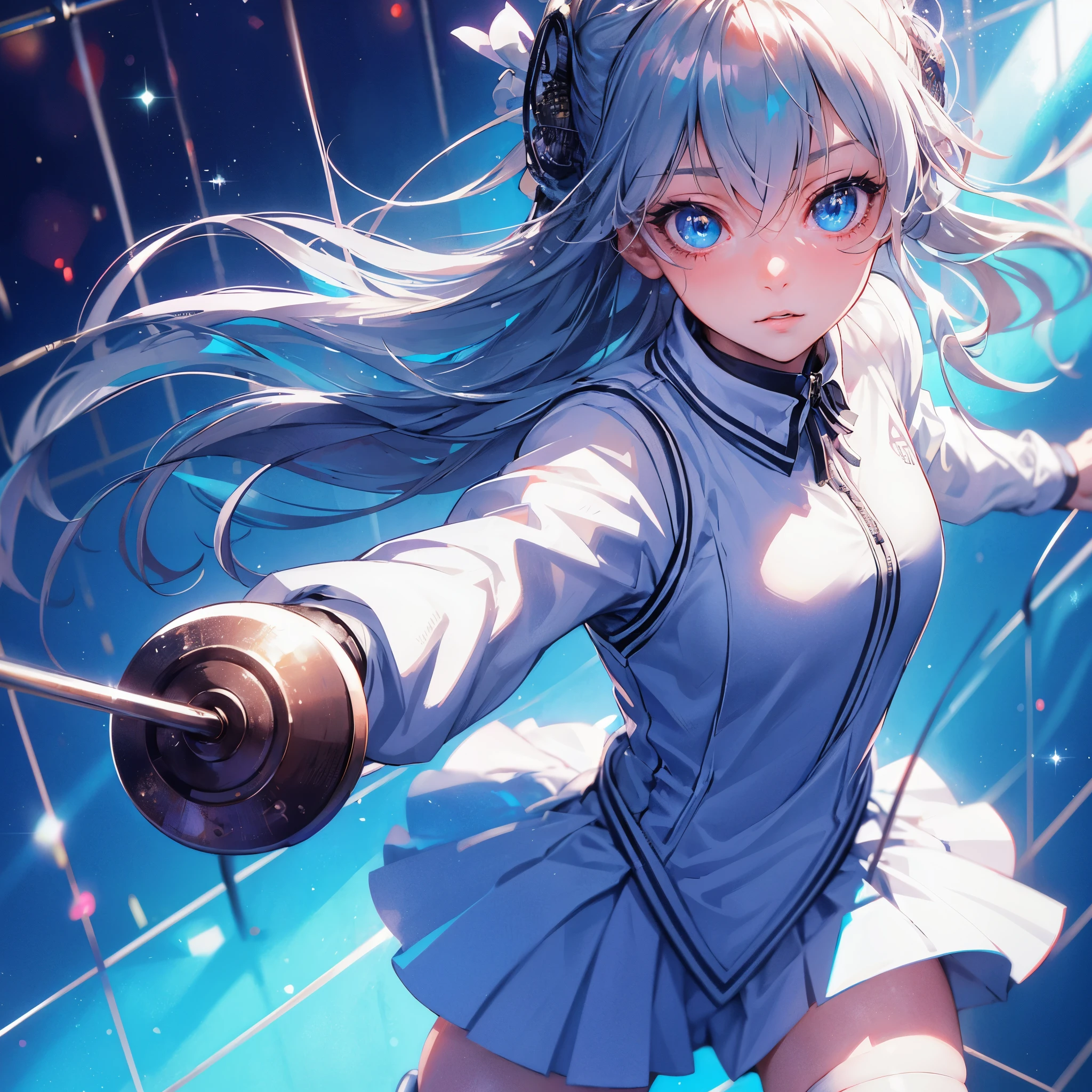 (Best Quality, masutepiece),ultra detailed photographic,1girl in, Female fencing athlete ,Large breasts,nice legs,At the fencing venue,Detailed beautiful face,Beautiful eyes,detailed hairs,detailed clothes,Detailed realistic skin,Cool,Dynamic Angle,